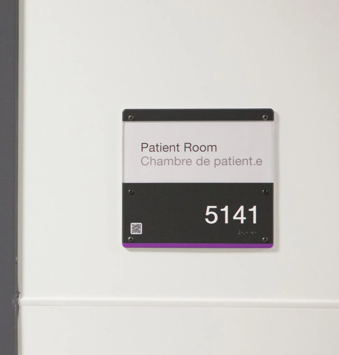 Patient room sign with number 5141 and QR code.
