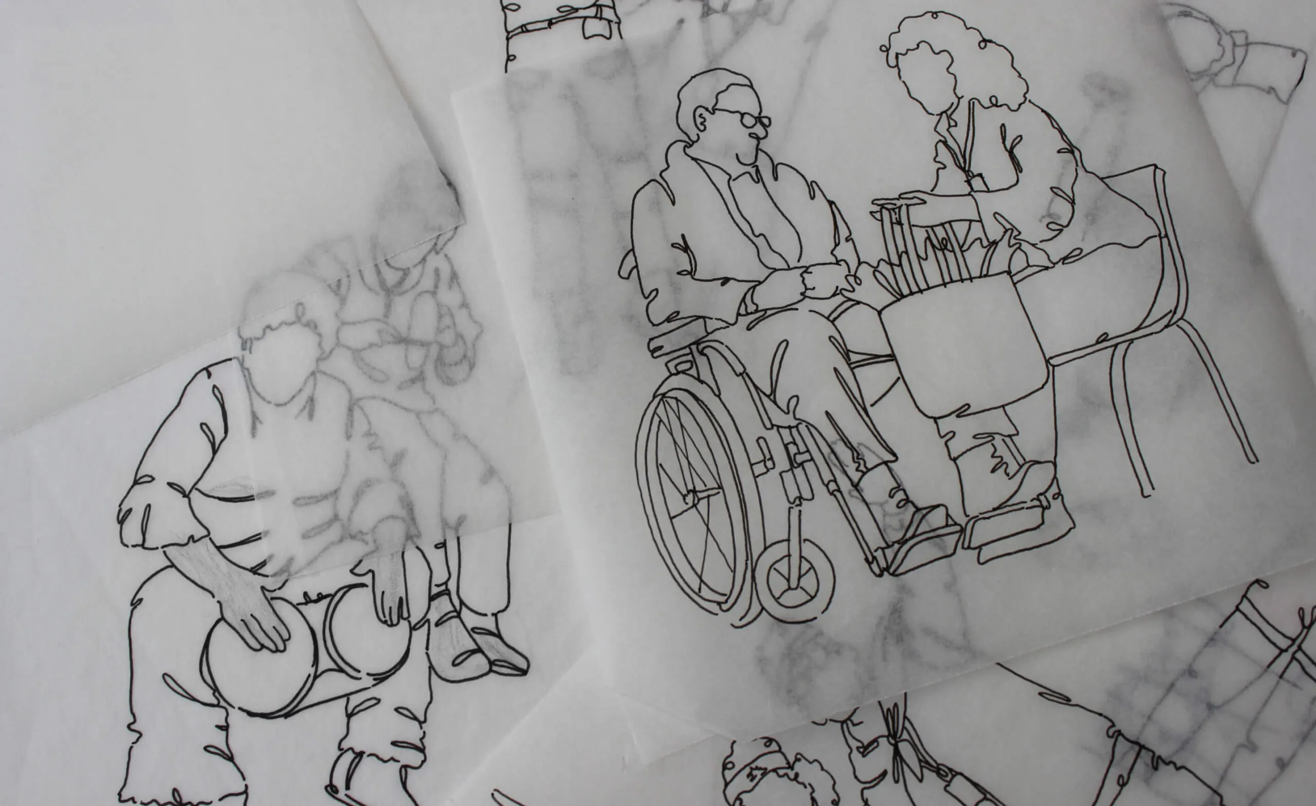 Line drawing of a person playing drums and another person in a wheelchair with a companion.