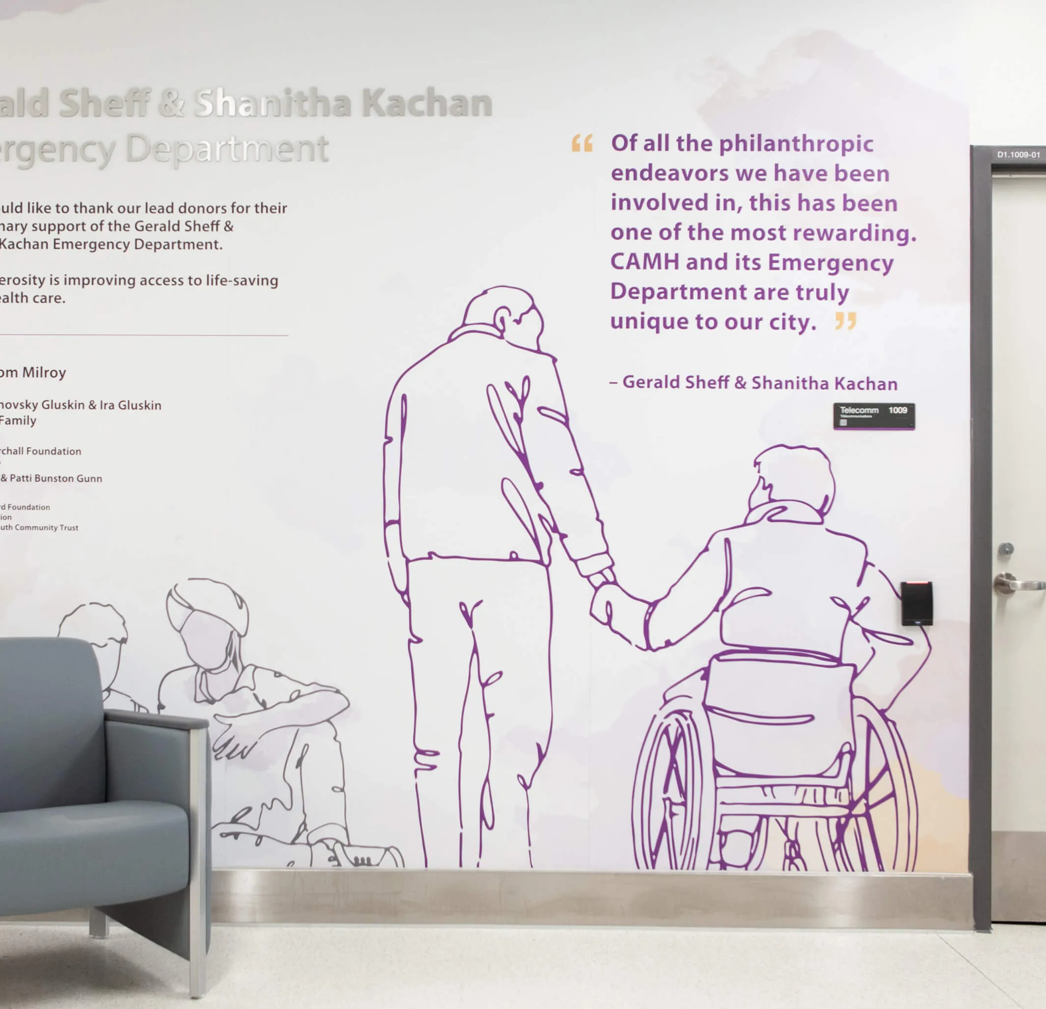 Wall mural thanking donors to the Gerald Sheff & Shanitha Kachan Emergency Department at CAMH.