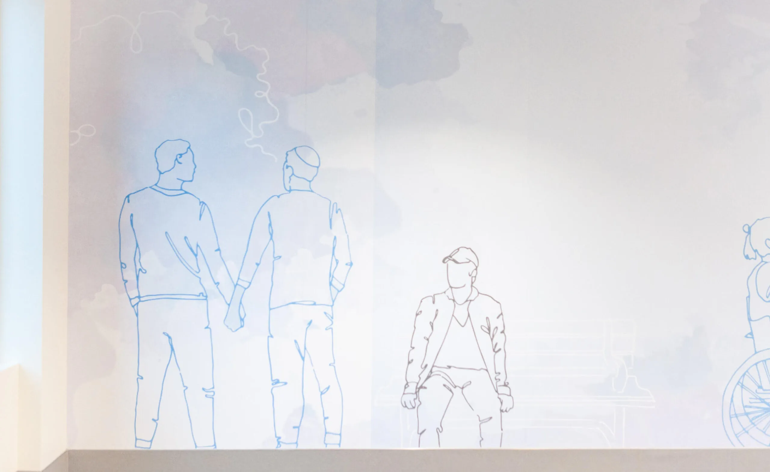 Line drawing of people holding hands, a person sitting, and a person in a wheelchair on a light blue background.