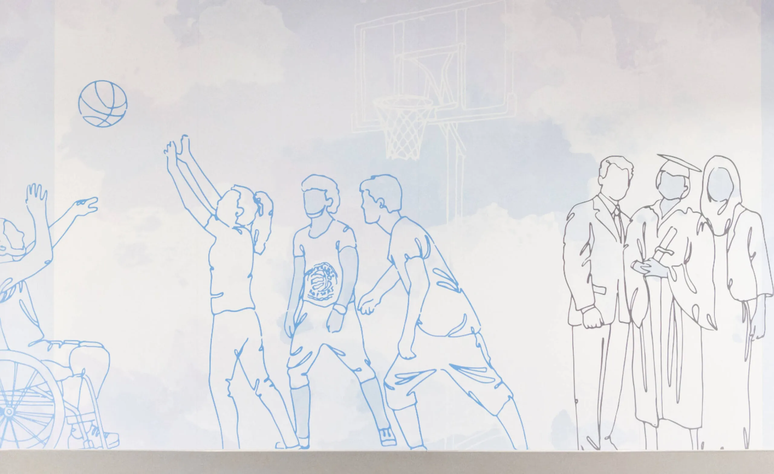 Line drawing of people playing basketball and graduating against a cloudy sky.
