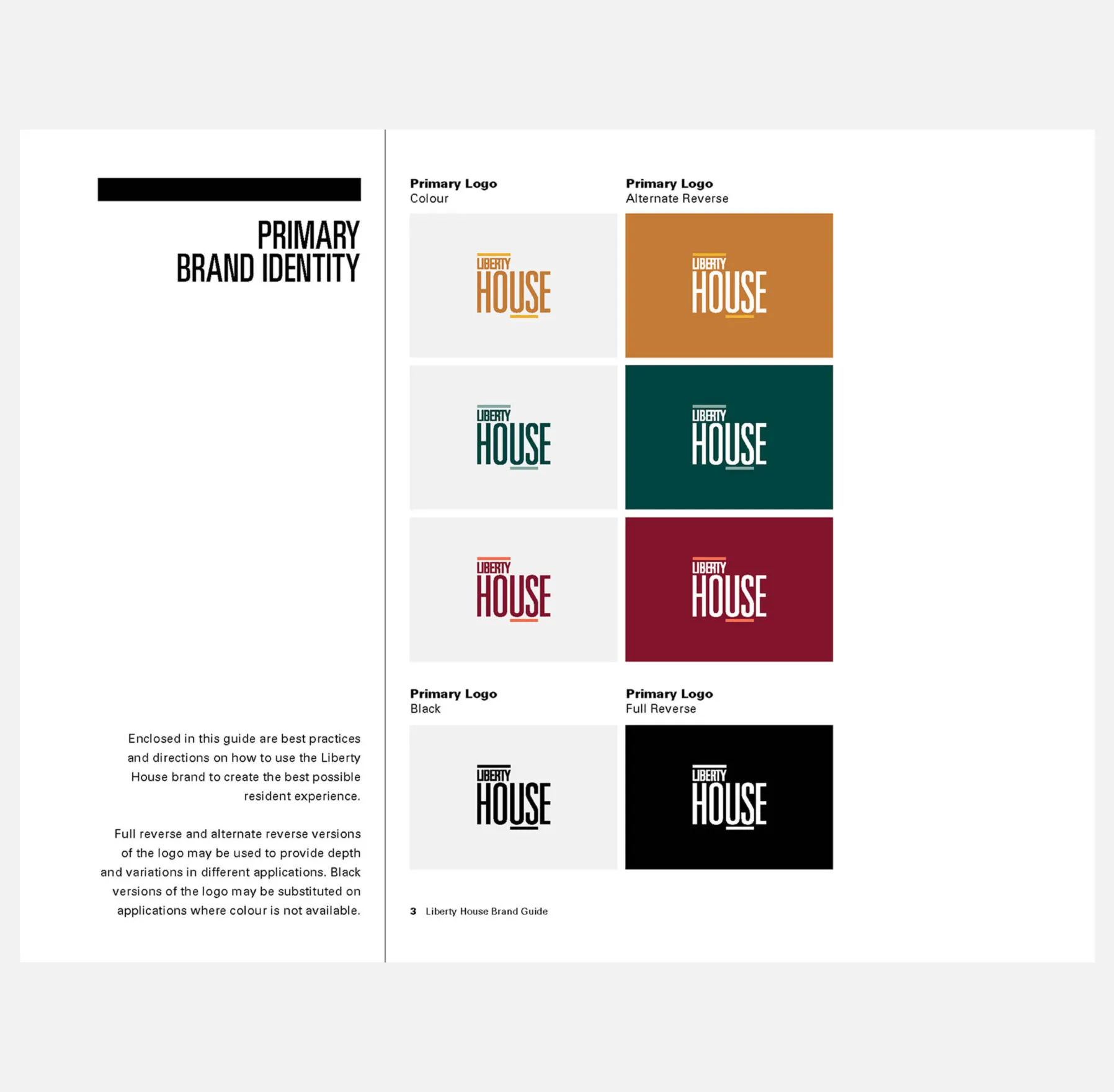 Liberty House brand identity guide showing logo variations in colour, black and reverse.
