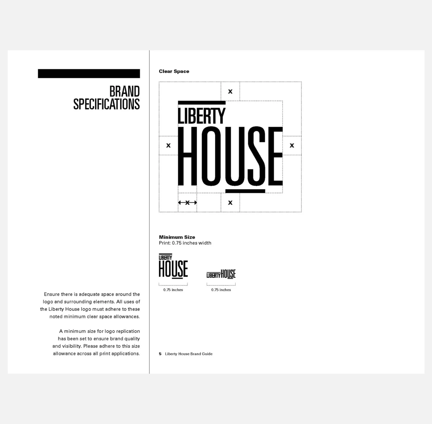 Liberty House brand guide showing clear space and minimum size specifications