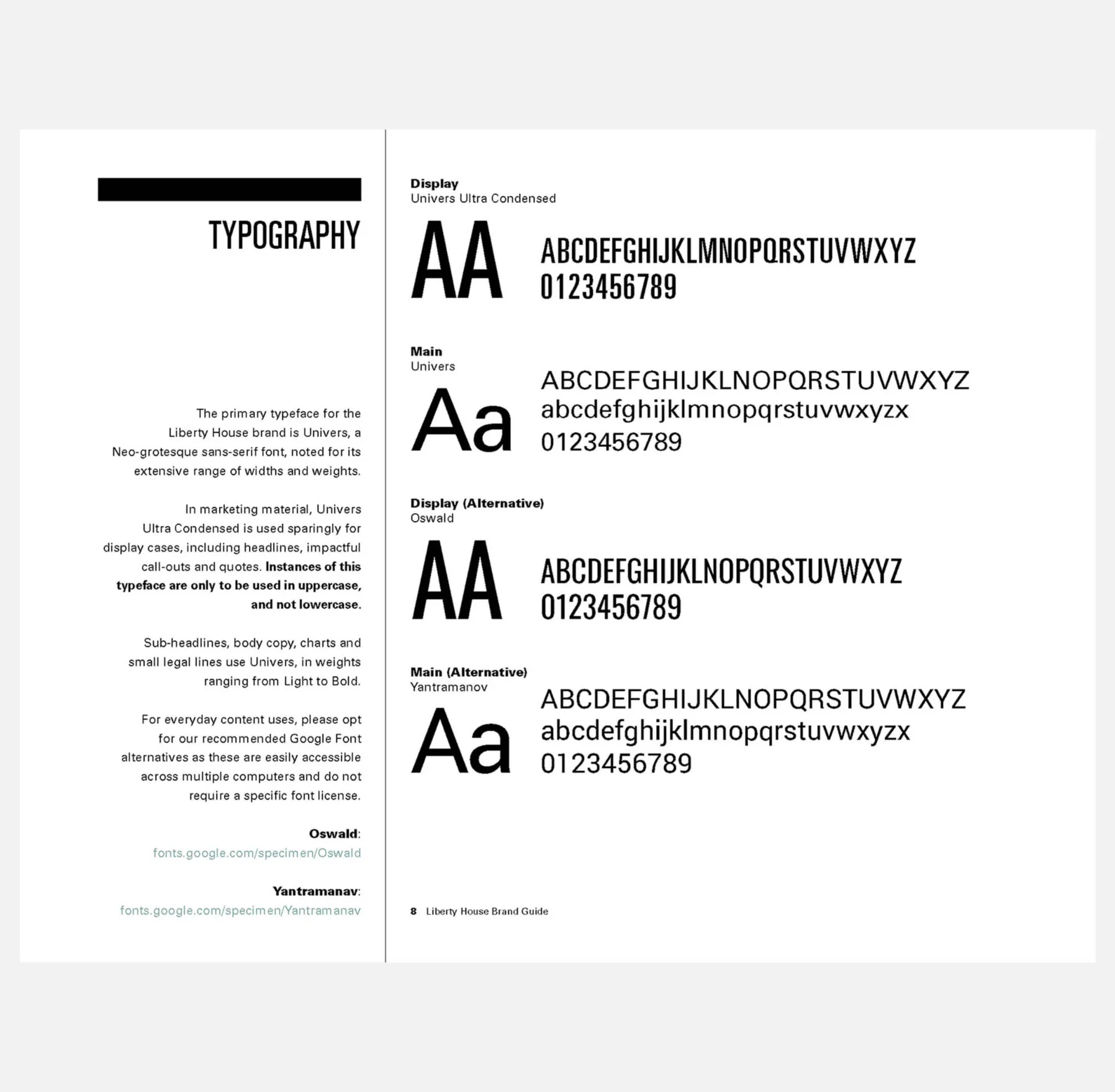 Liberty House brand guide typography section showing Univers and Oswald fonts.