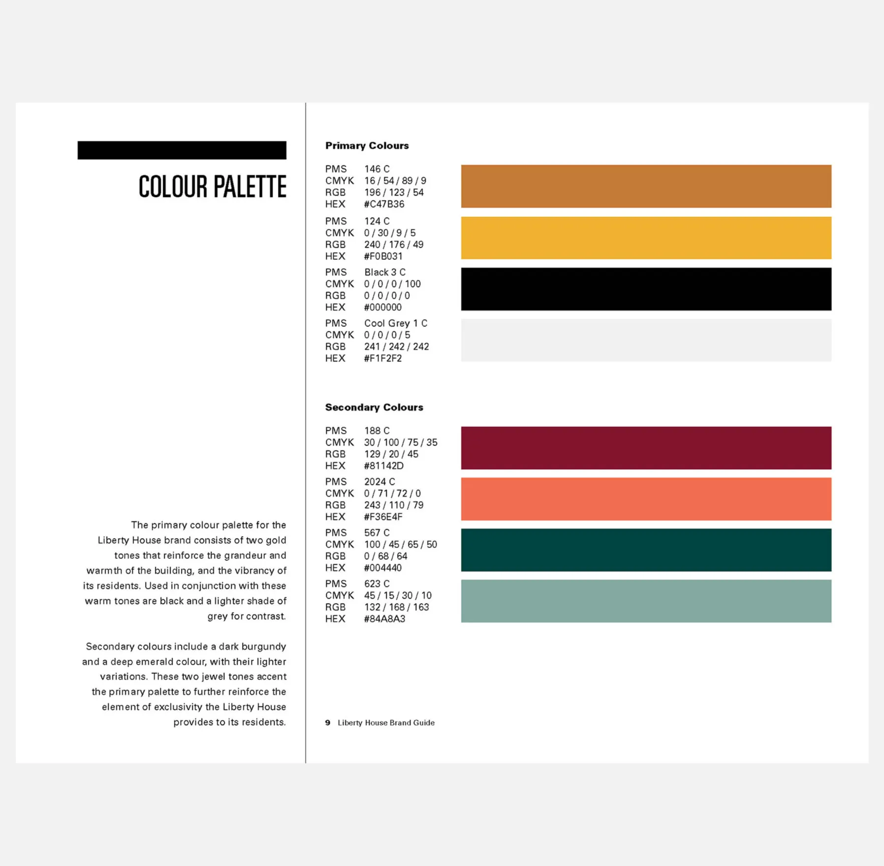 Liberty House colour palette with primary and secondary colours, including PMS, CMYK, RGB and HEX values.