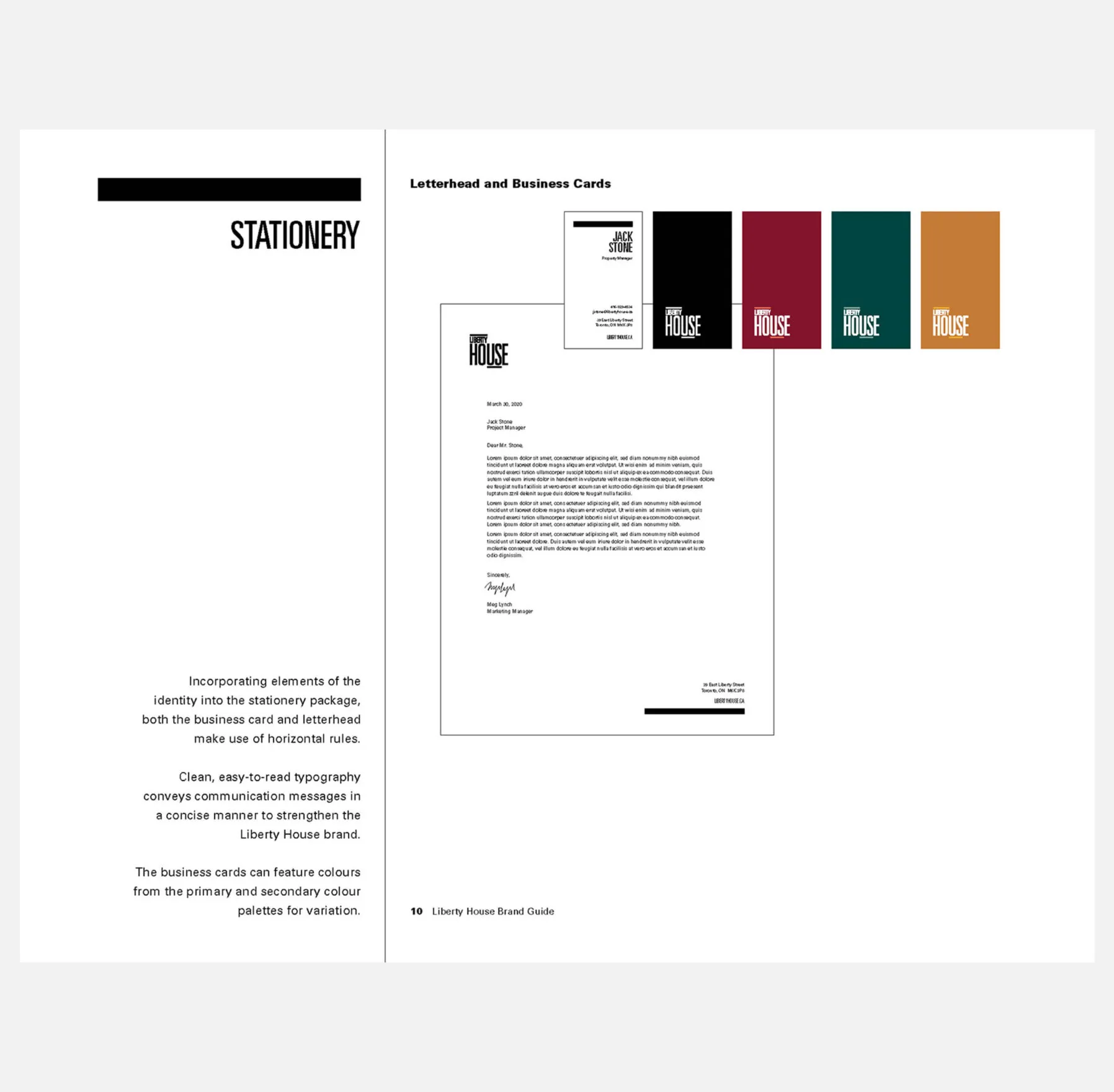 Liberty House brand guide showing letterhead and business cards with colour swatches.