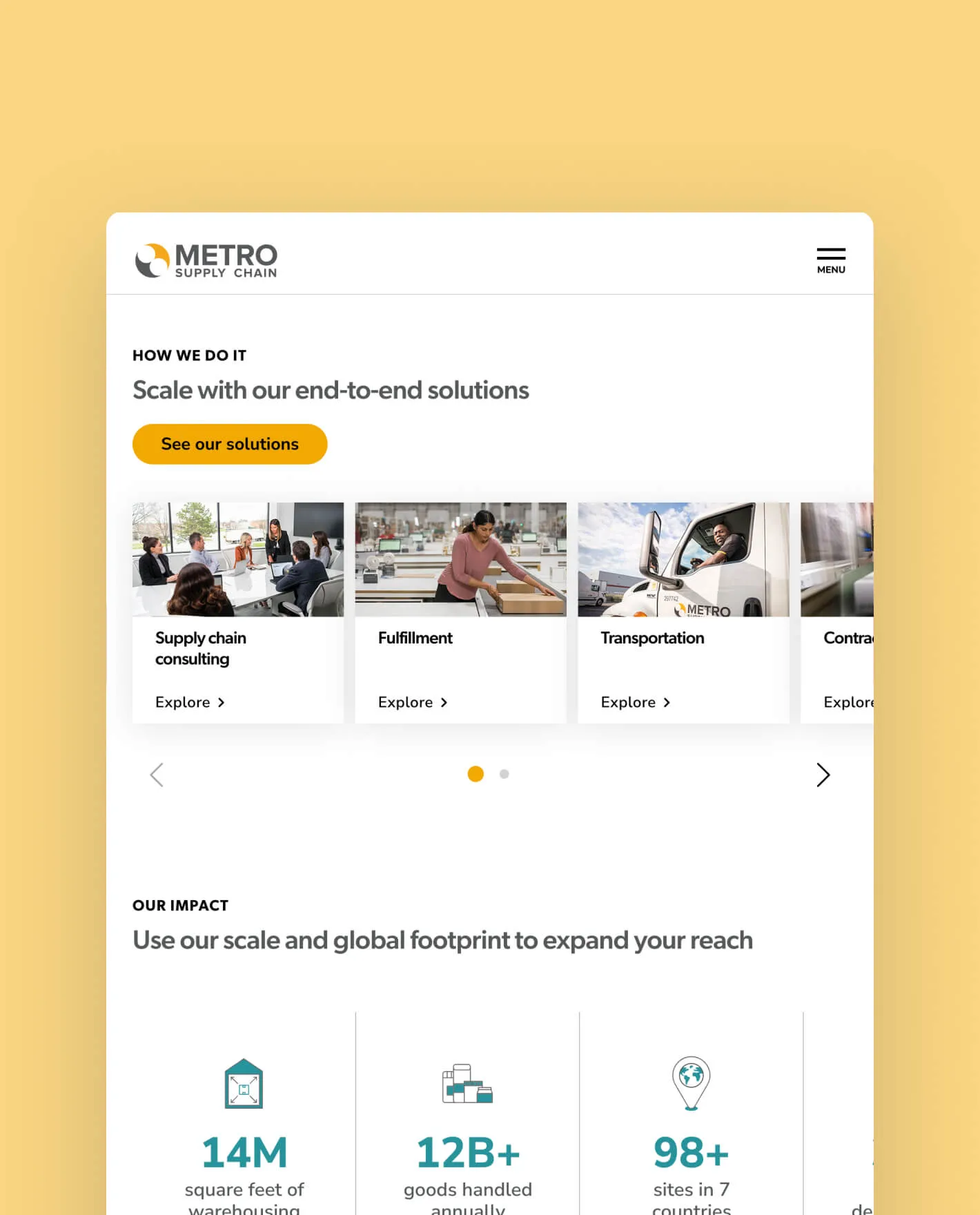 Metro Supply Chain logo and website section on end-to-end solutions with carousel of services.