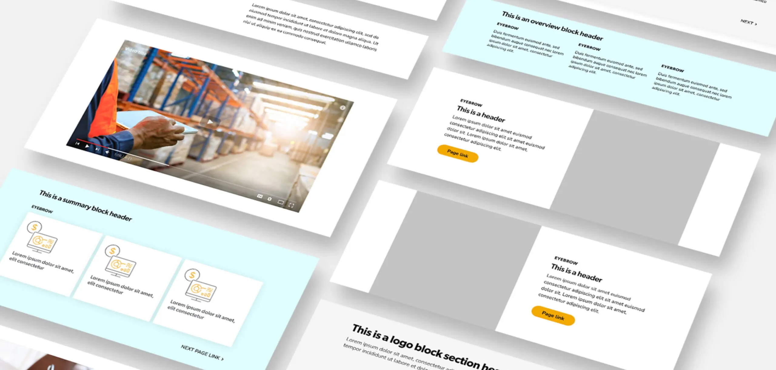 Website mockups with various content blocks including video, text and icons.