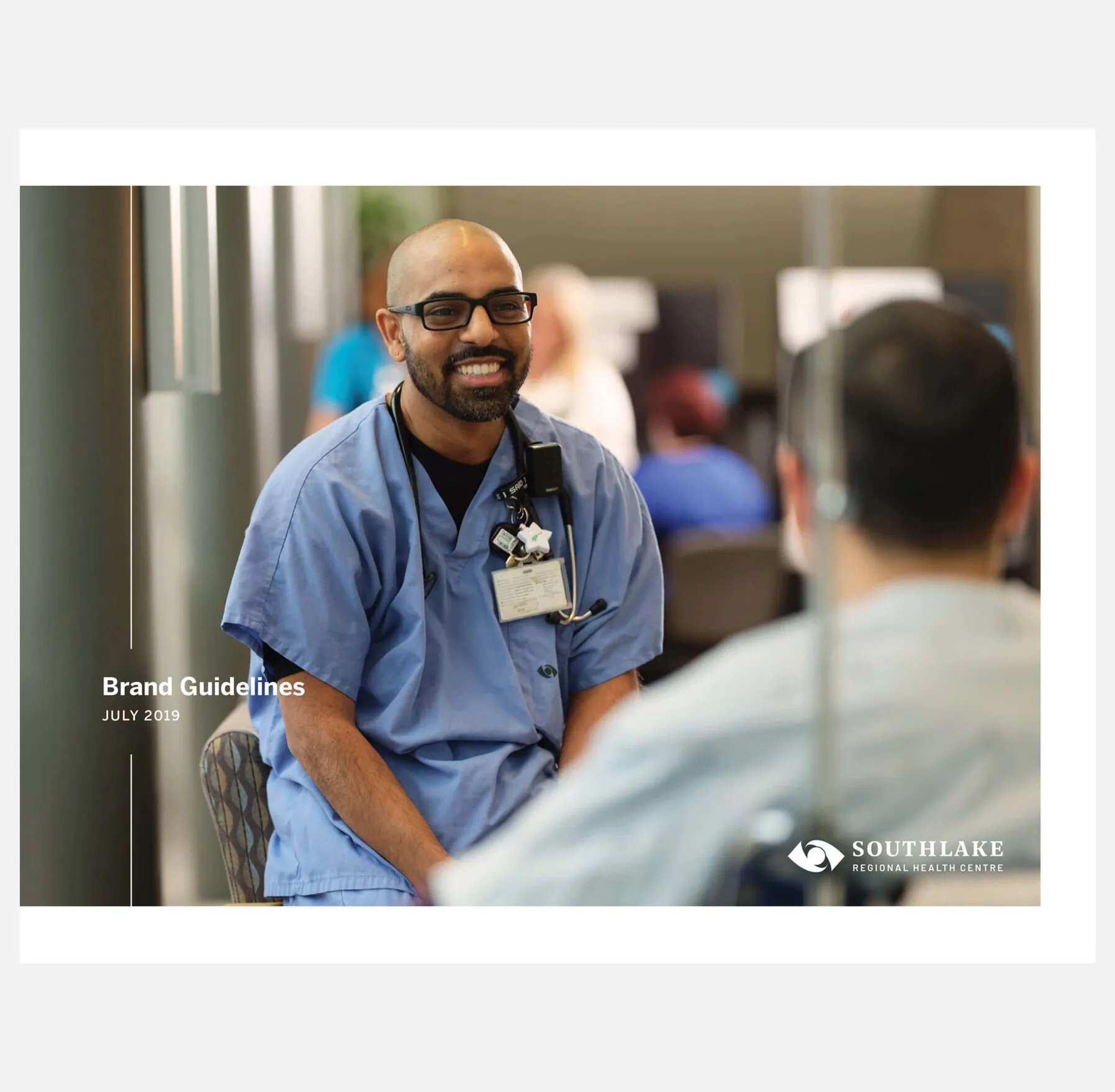 Southlake Regional Health Centre brand guidelines cover page with a smiling doctor.