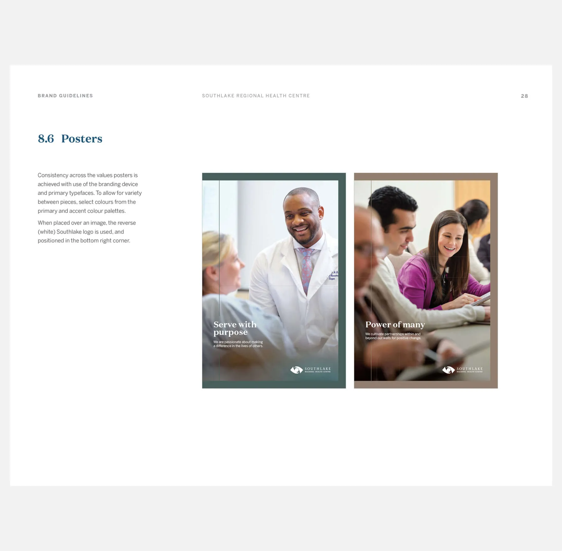 Southlake Regional Health Centre brand guidelines: posters with diverse healthcare professionals and inspiring messages.
