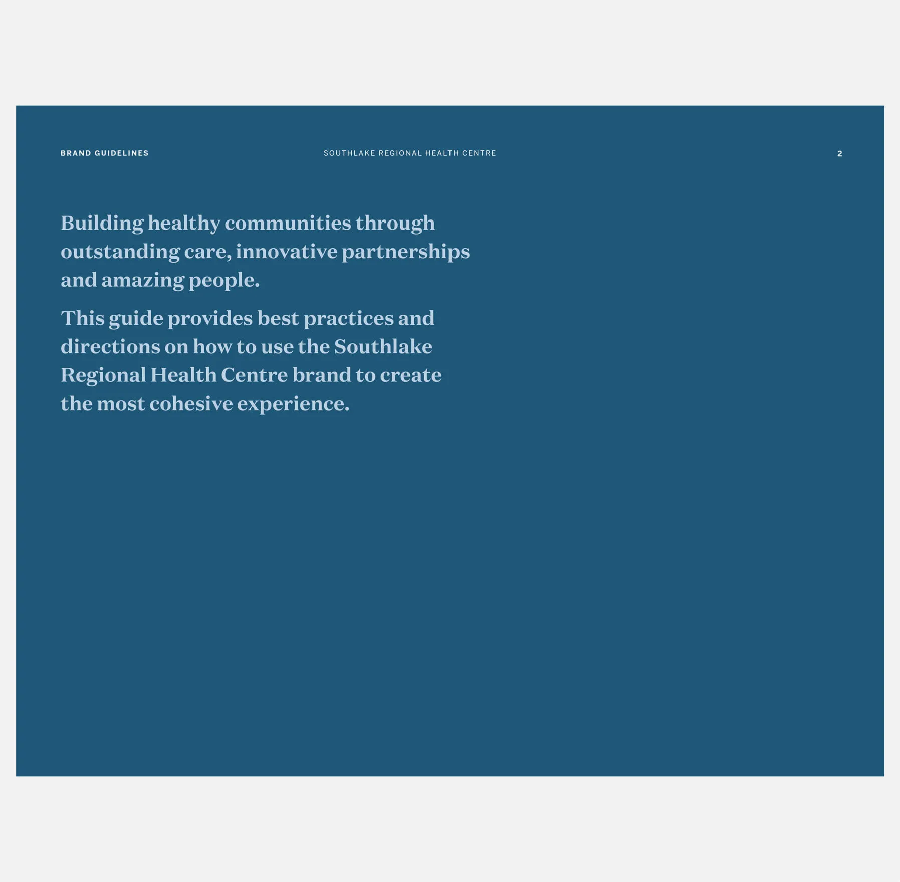 Southlake Regional Health Centre brand guidelines cover page with text.