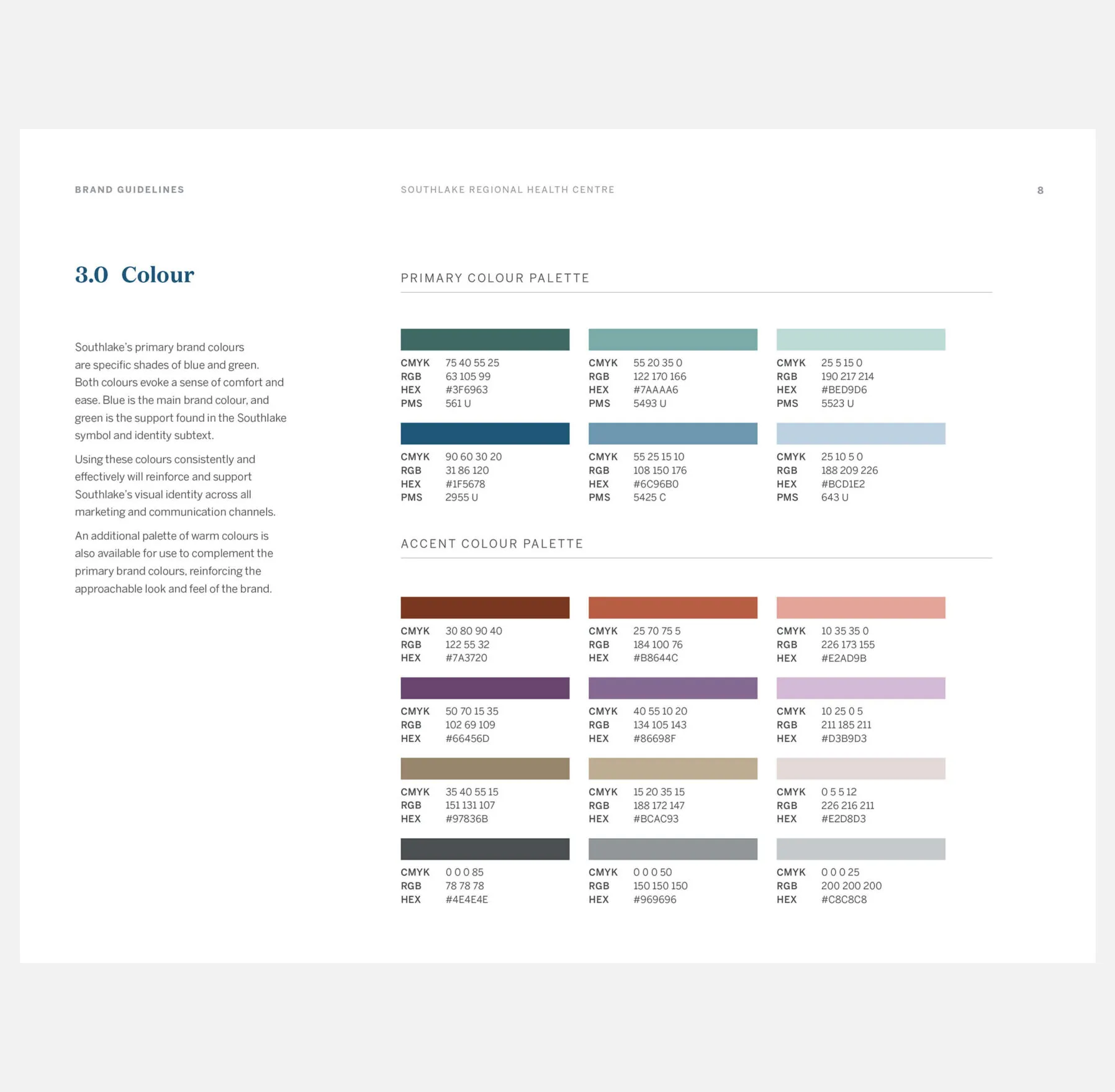 Southlake brand guidelines: primary and accent colour palettes with CMYK, RGB and HEX values.