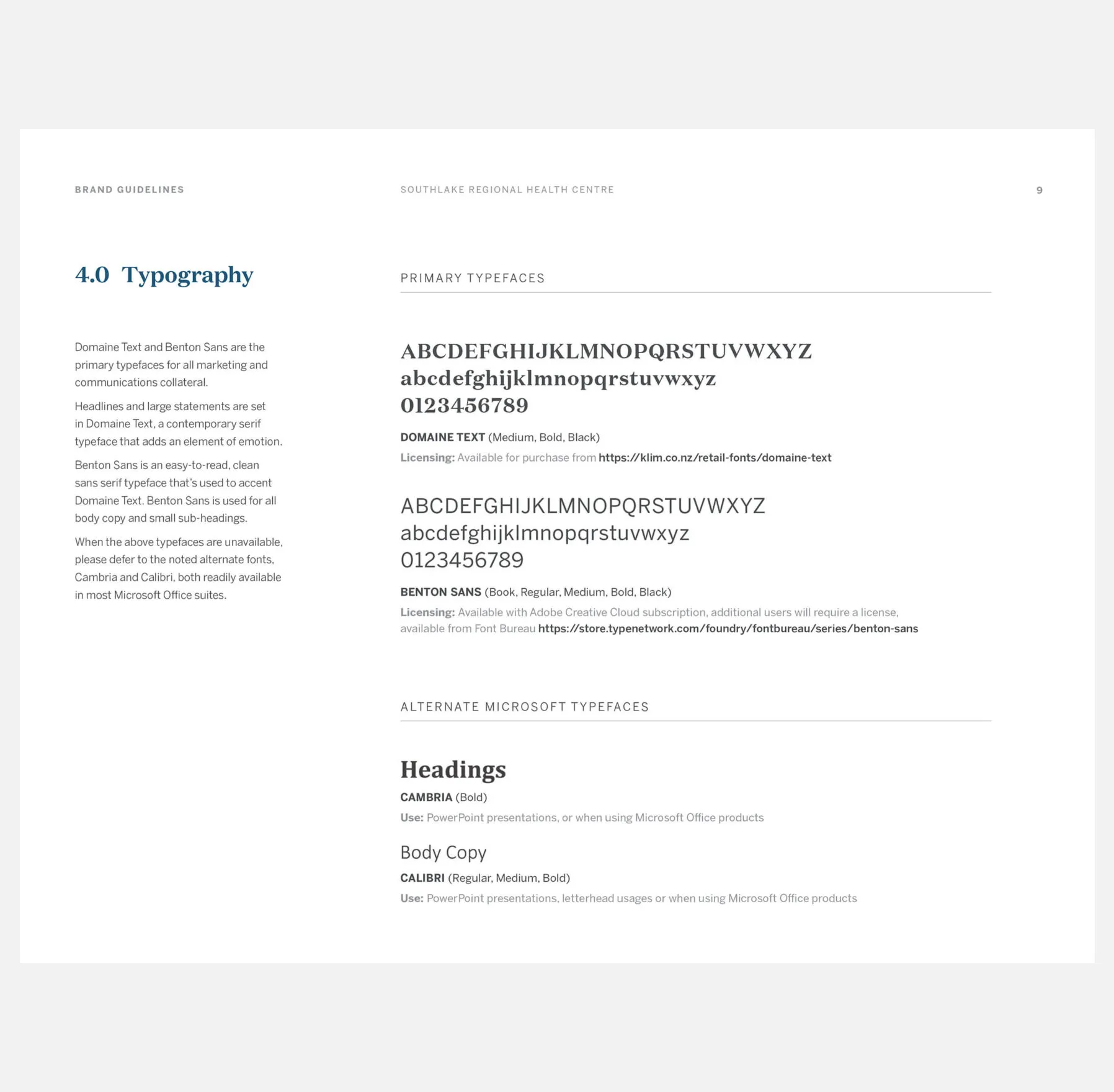 Brand guidelines for Southlake Regional Health Centre, detailing typography.