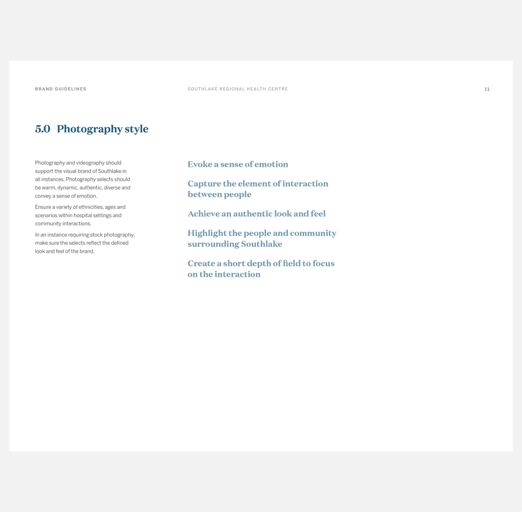 Southlake brand guidelines: photography style focused on evoking emotion and capturing interaction.