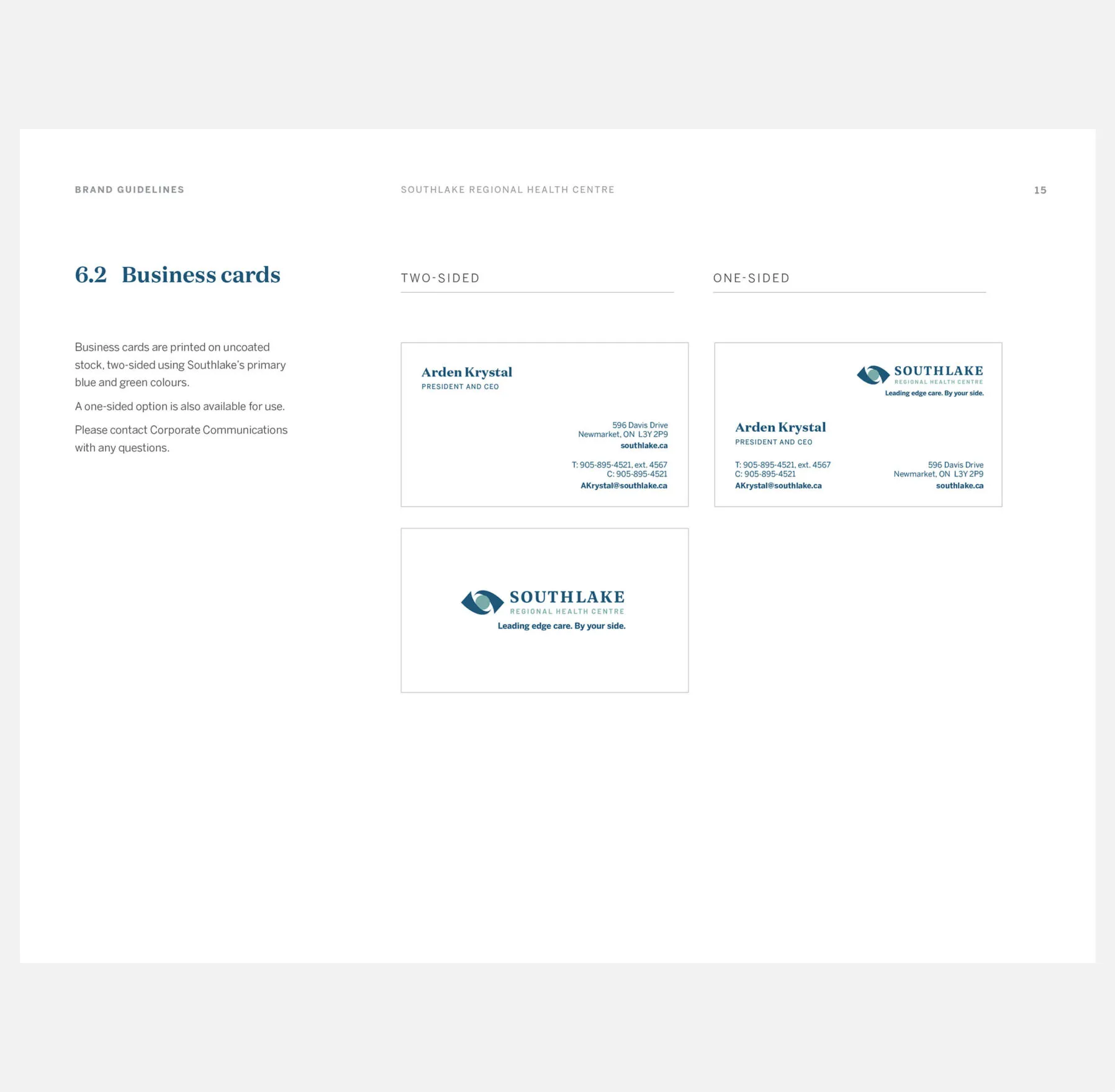 Southlake Regional Health Centre business card examples, two-sided and one-sided.