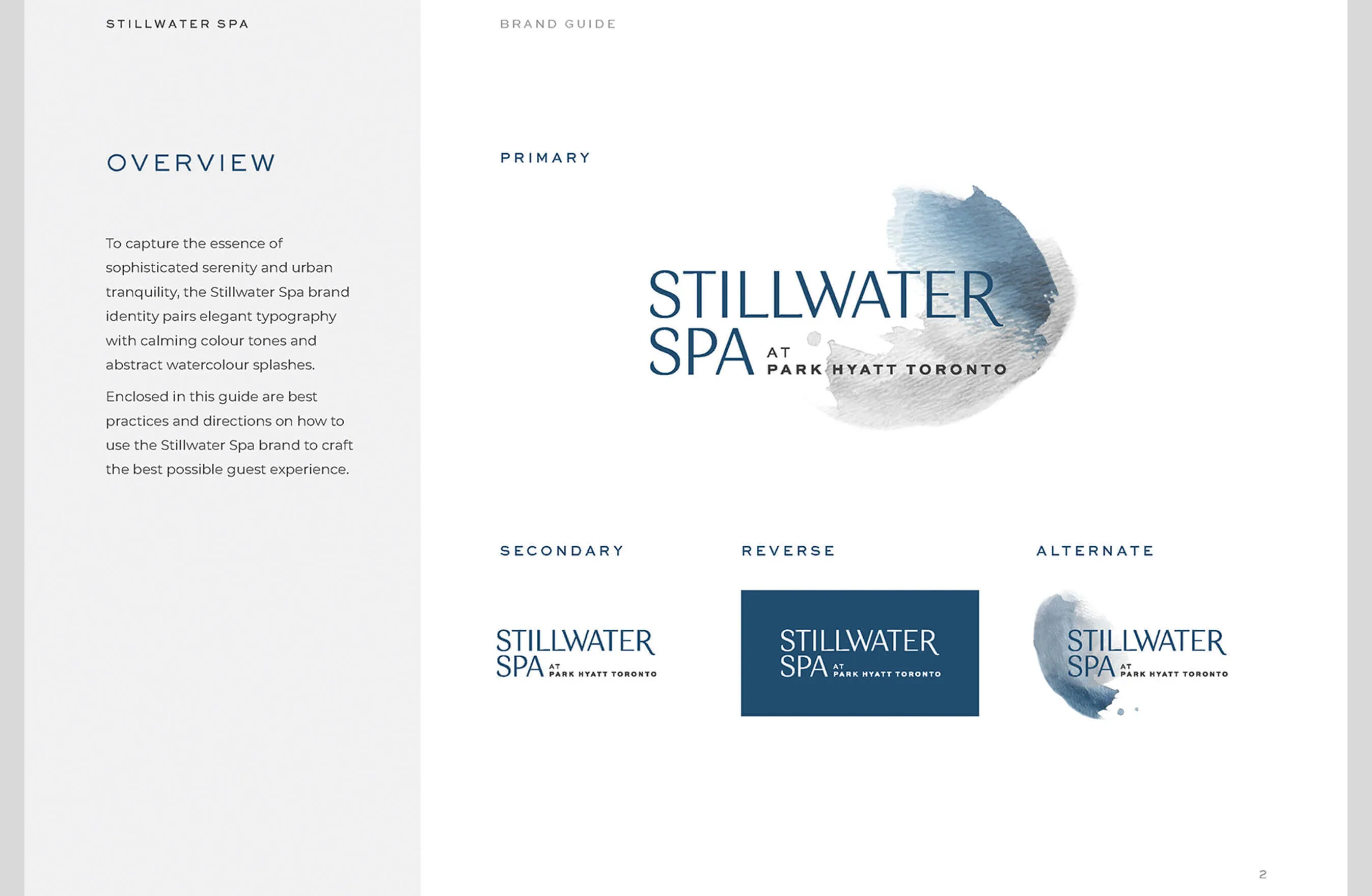 Stillwater Spa brand guide with logo variations and overview text.
