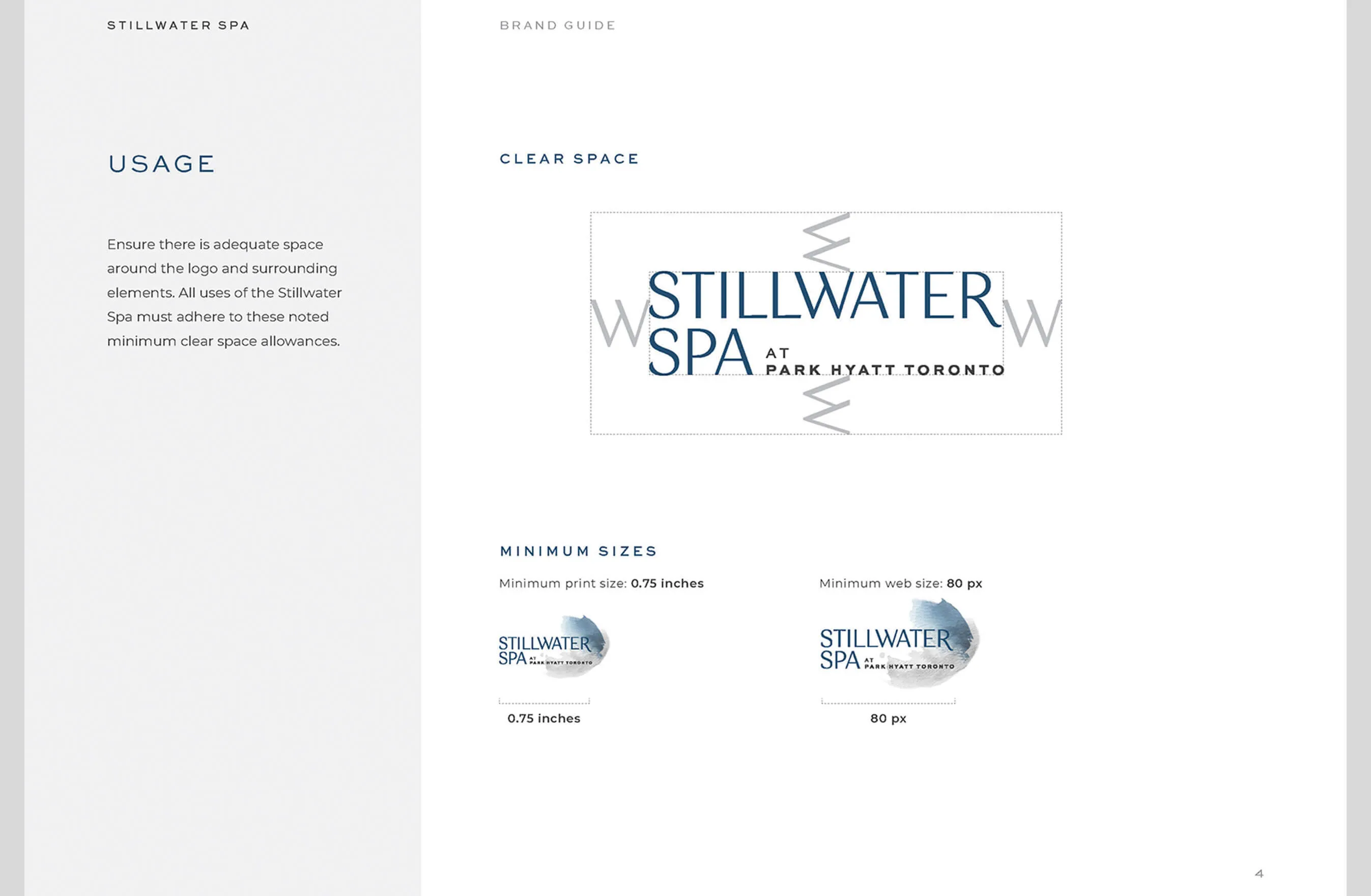Stillwater Spa brand guide page showing usage and minimum sizes for the logo.