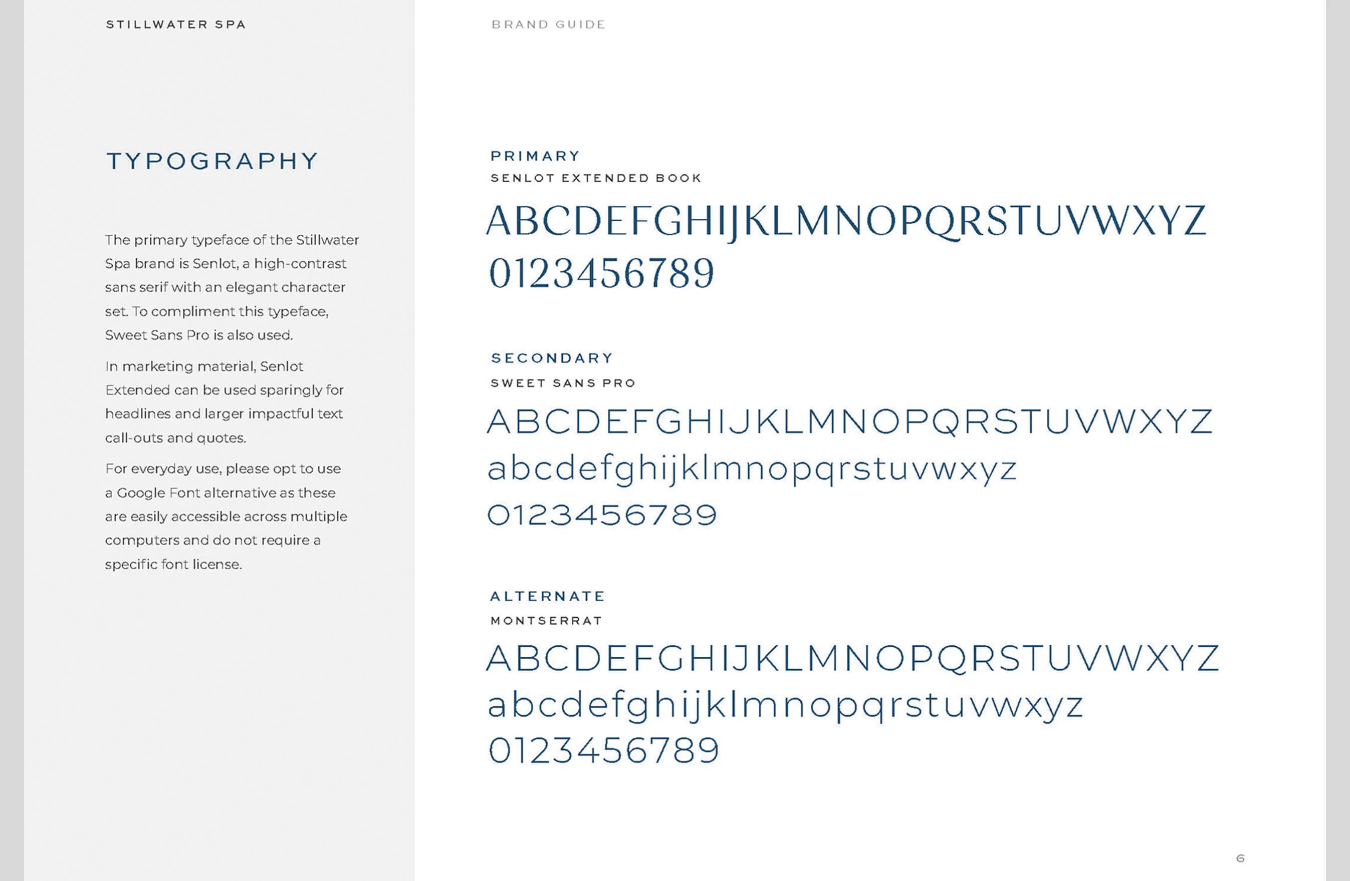 Stillwater Spa brand guide typography section showing primary and secondary fonts.