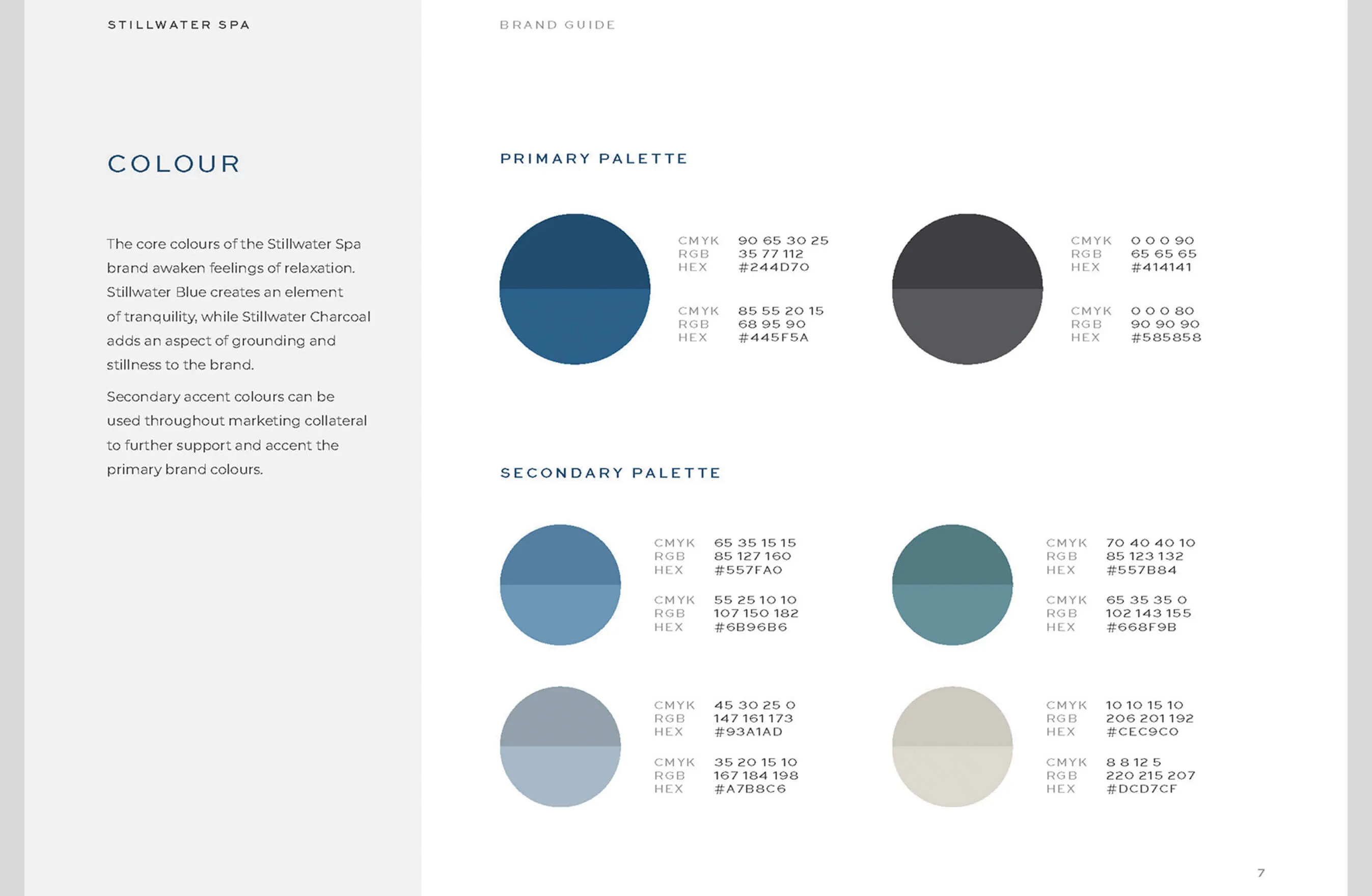 Stillwater Spa brand guide colour palette with CMYK, RGB and HEX values.