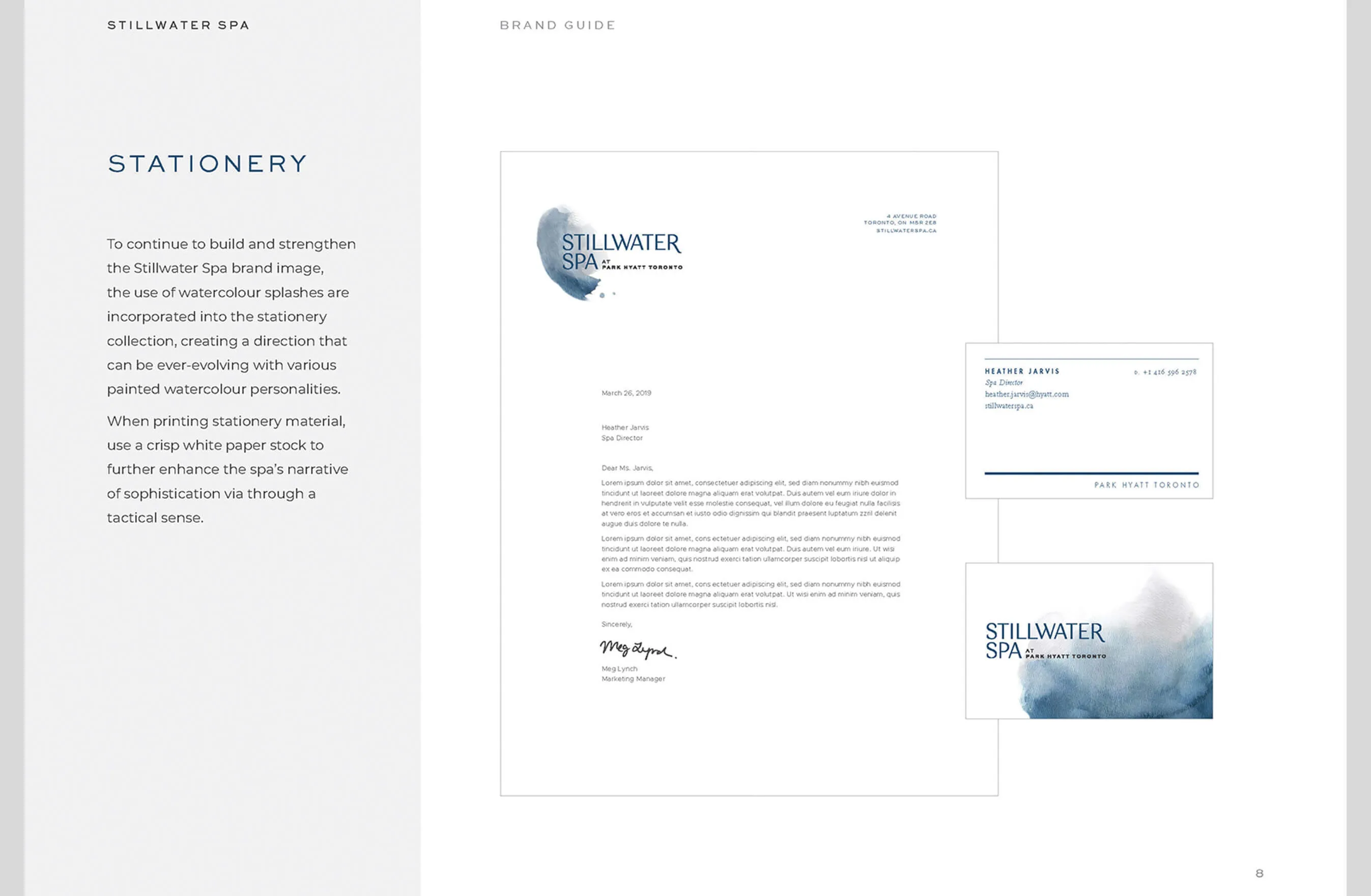 Stillwater Spa brand guide page with stationery examples and contact information.