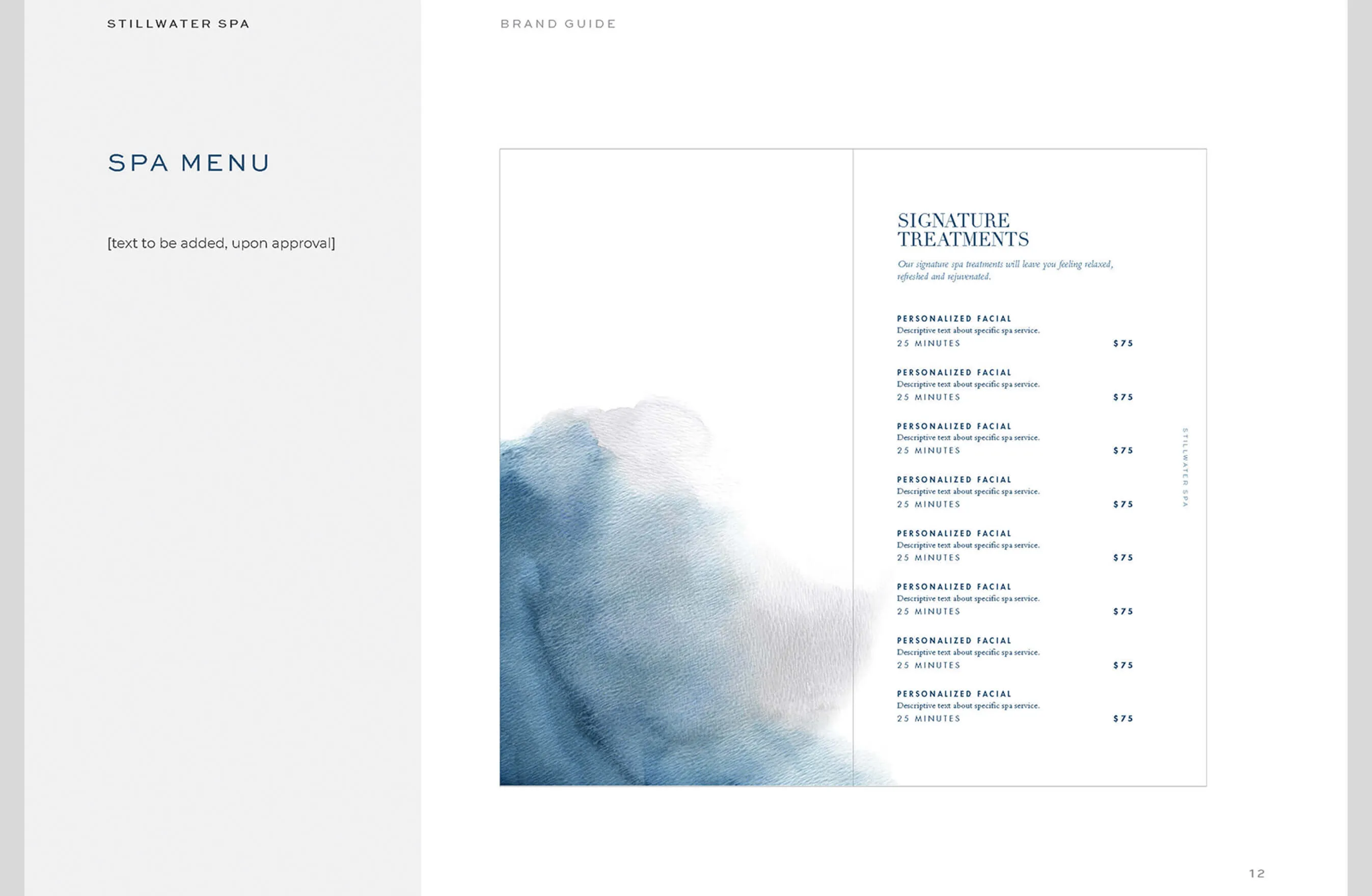 Stillwater Spa menu with signature treatments and prices.