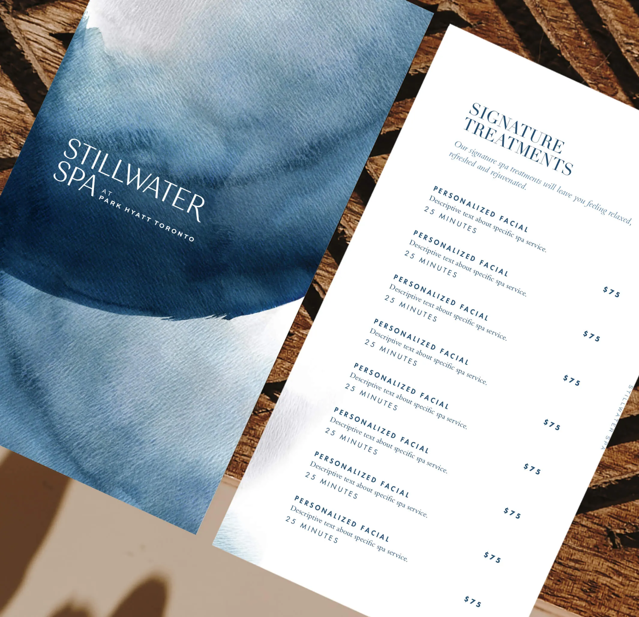 Stillwater Spa menu with signature treatments and prices.