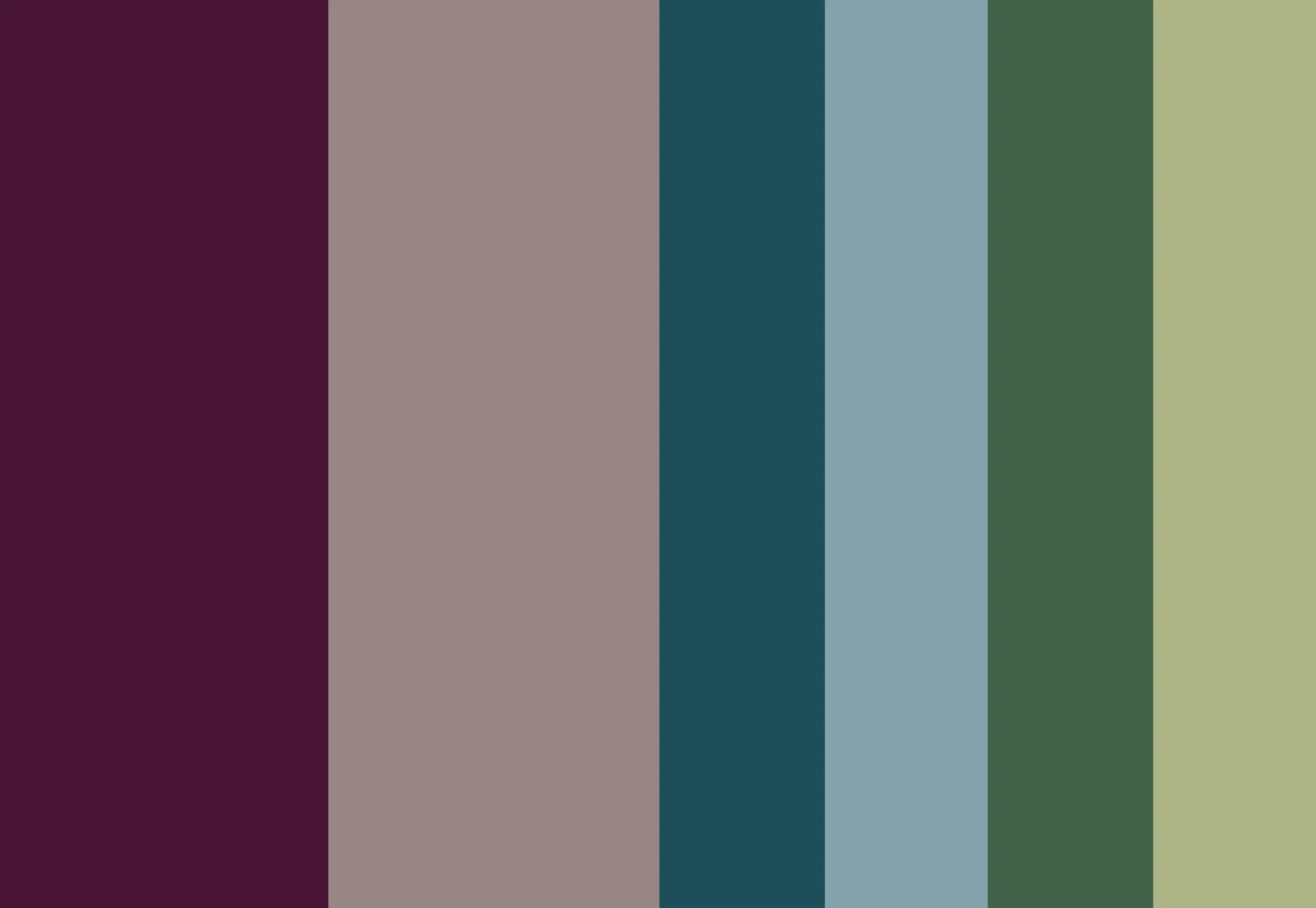A vertical colour palette with stripes of deep plum, muted taupe, teal, slate blue, forest green and pale olive.