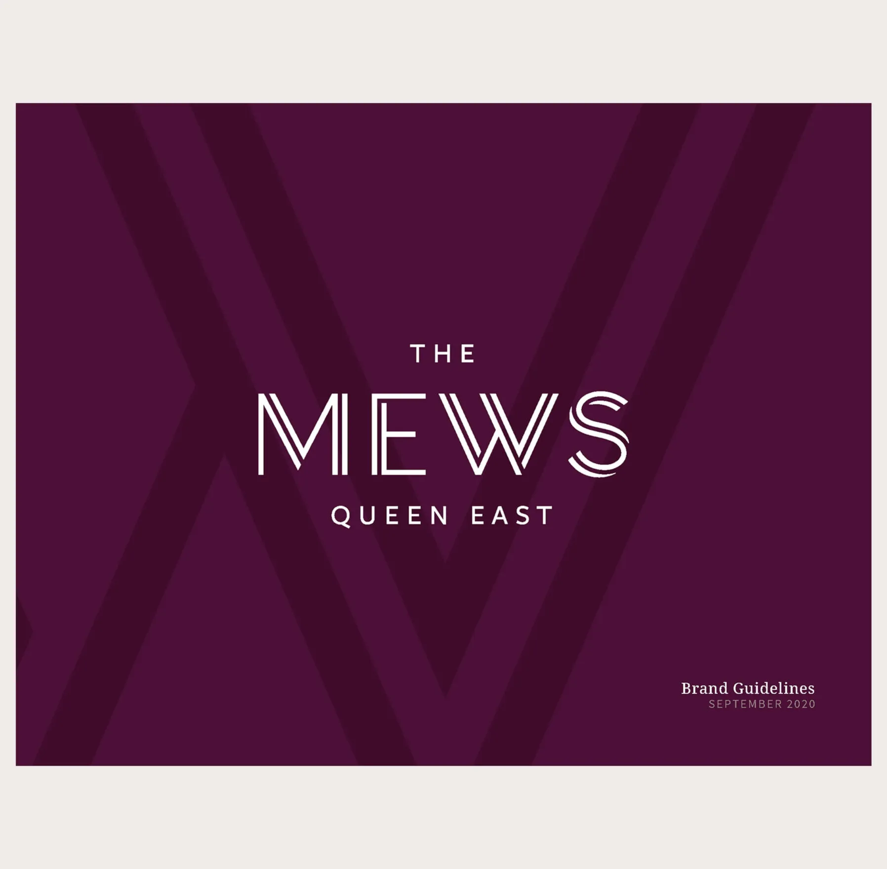 The Mews Queen East brand guidelines cover page with a purple background and white text.