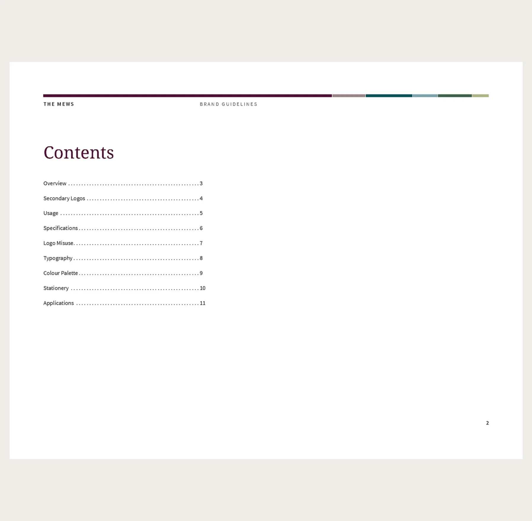 Table of contents for The Mews brand guidelines