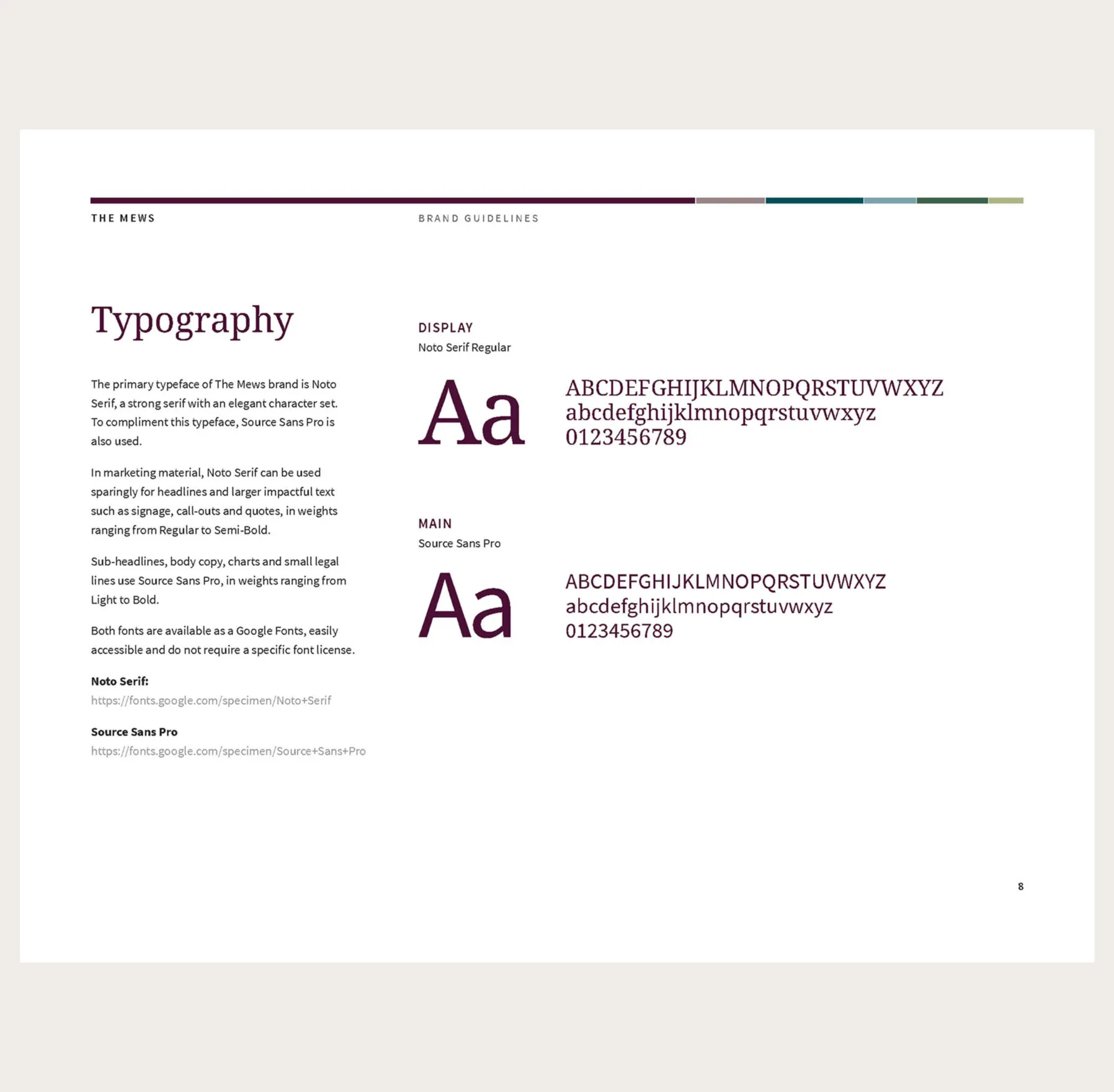 Typography guidelines for The Mews brand, showcasing Noto Serif and Source Sans Pro fonts.