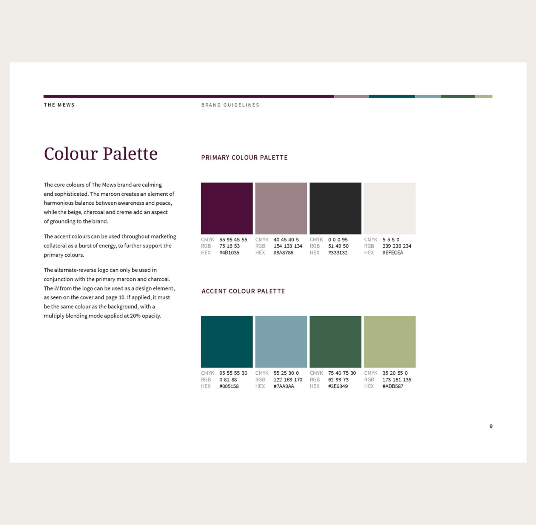 The Mews brand colour palette with primary and accent colours, CMYK, RGB and HEX values.