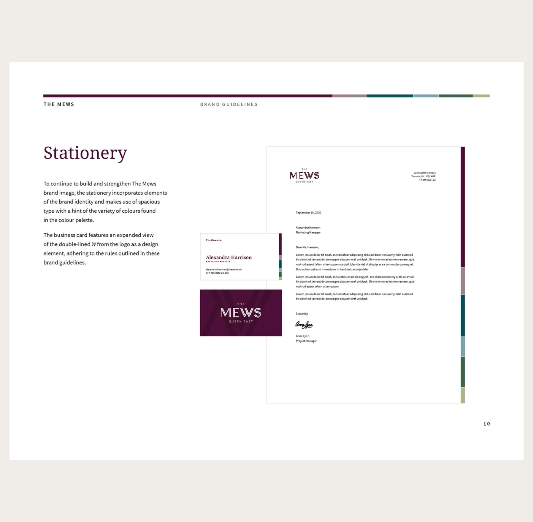 The Mews brand guidelines stationery page with a letterhead and business card.
