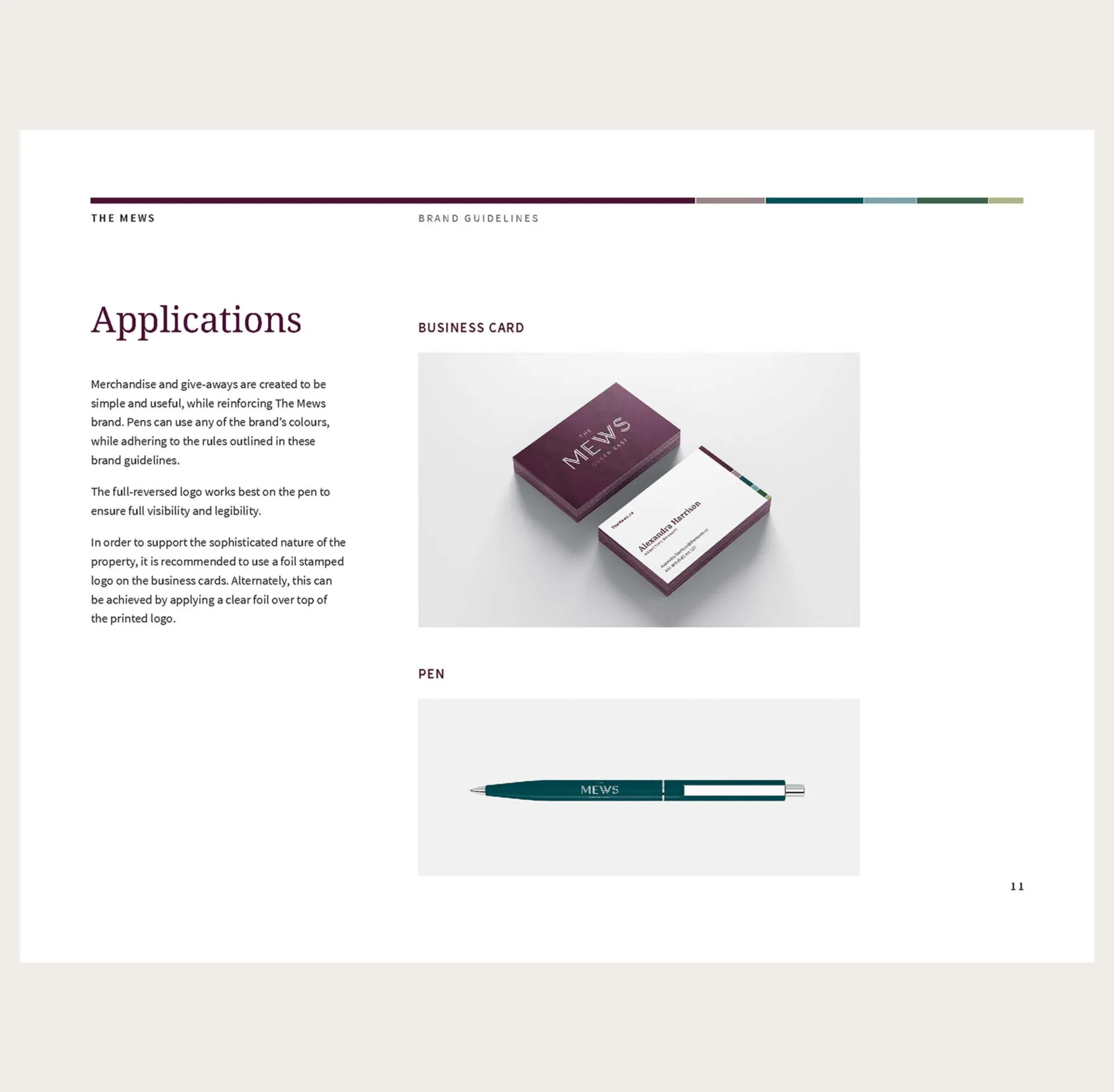 The Mews brand guidelines page showing applications for business cards and pens.
