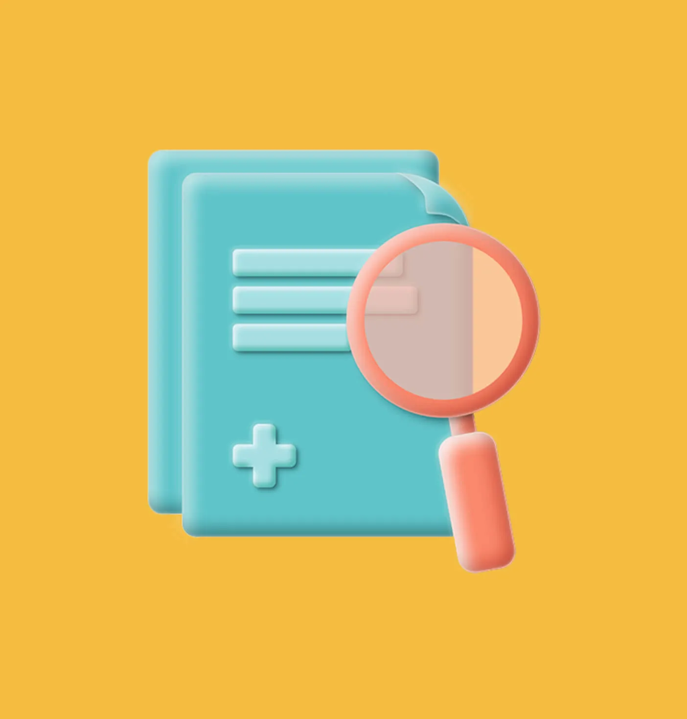 3D icon of a document with a magnifying glass over it.