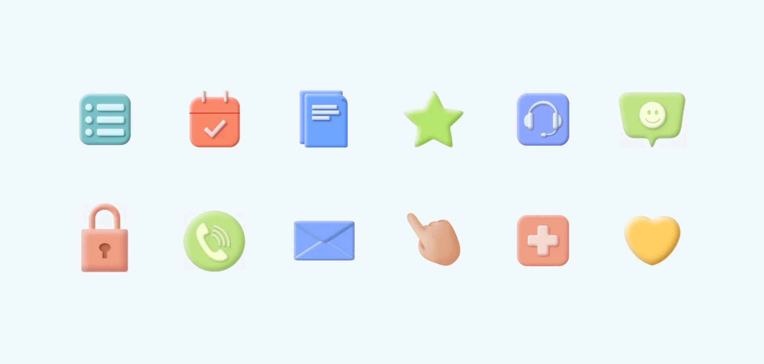 Collection of colourful 3D icons including calendar, chat, phone and heart