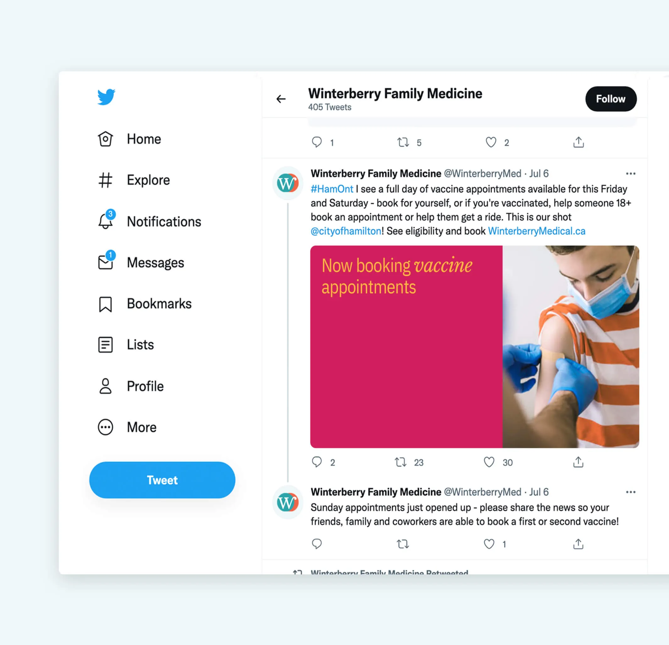 Twitter interface showing Winterberry Family Medicine's profile with tweets about vaccine appointments.