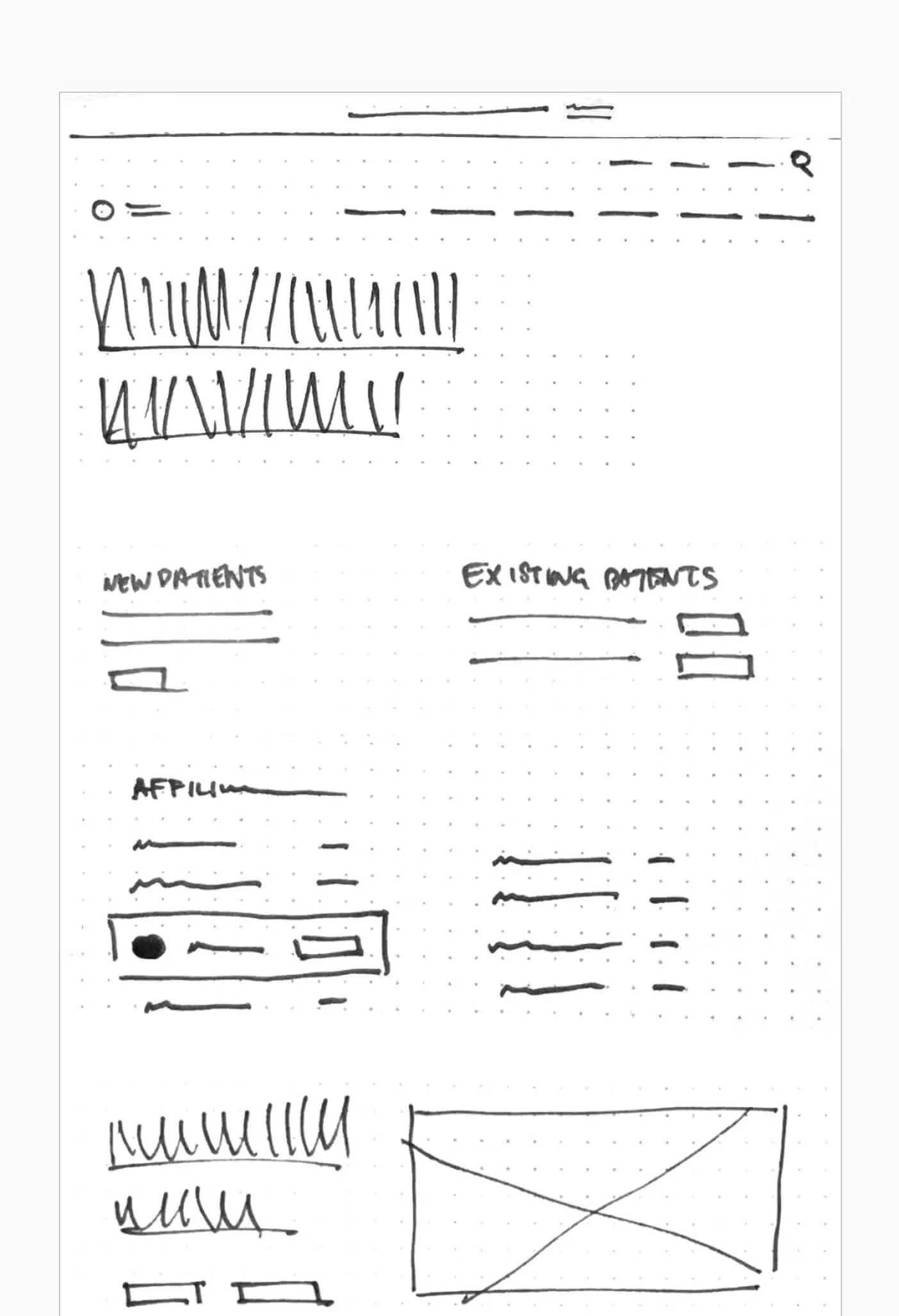 Wireframe sketch of a website with sections for new and existing patients, and a placeholder for an image.