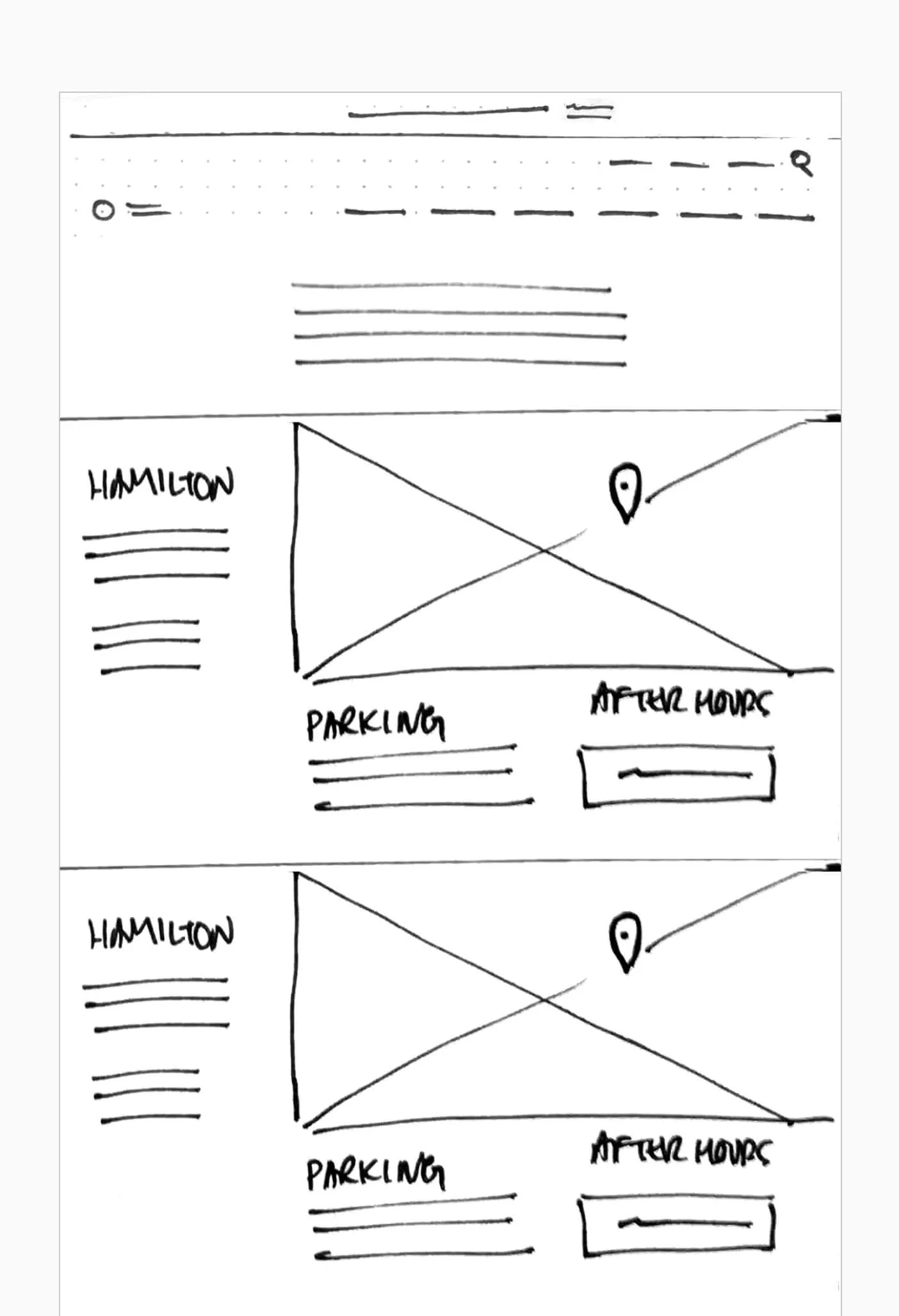 Wireframe sketch of a website layout with sections for 