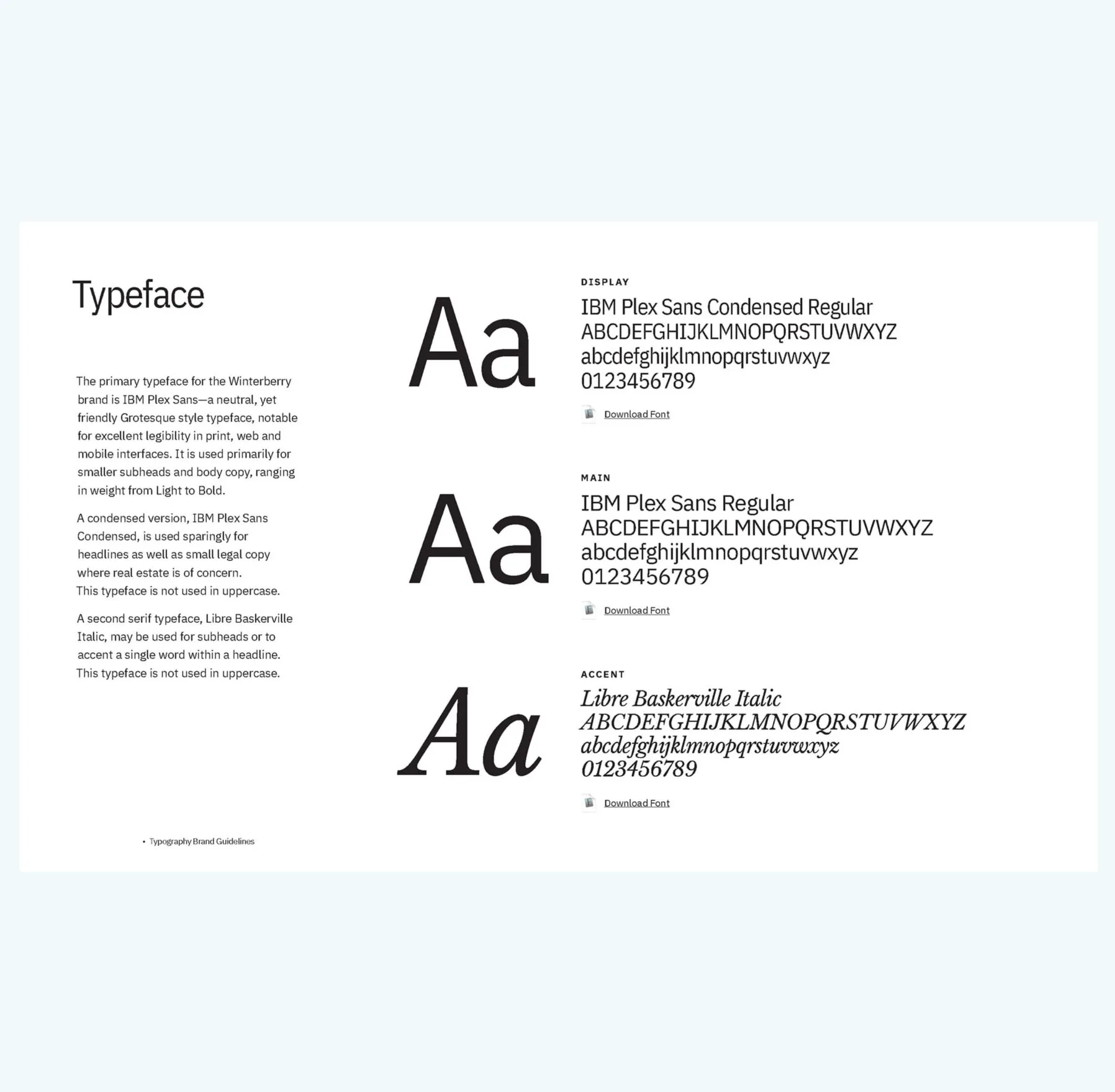 Typography guidelines for Winterberry brand, featuring IBM Plex Sans and Libre Baskerville.