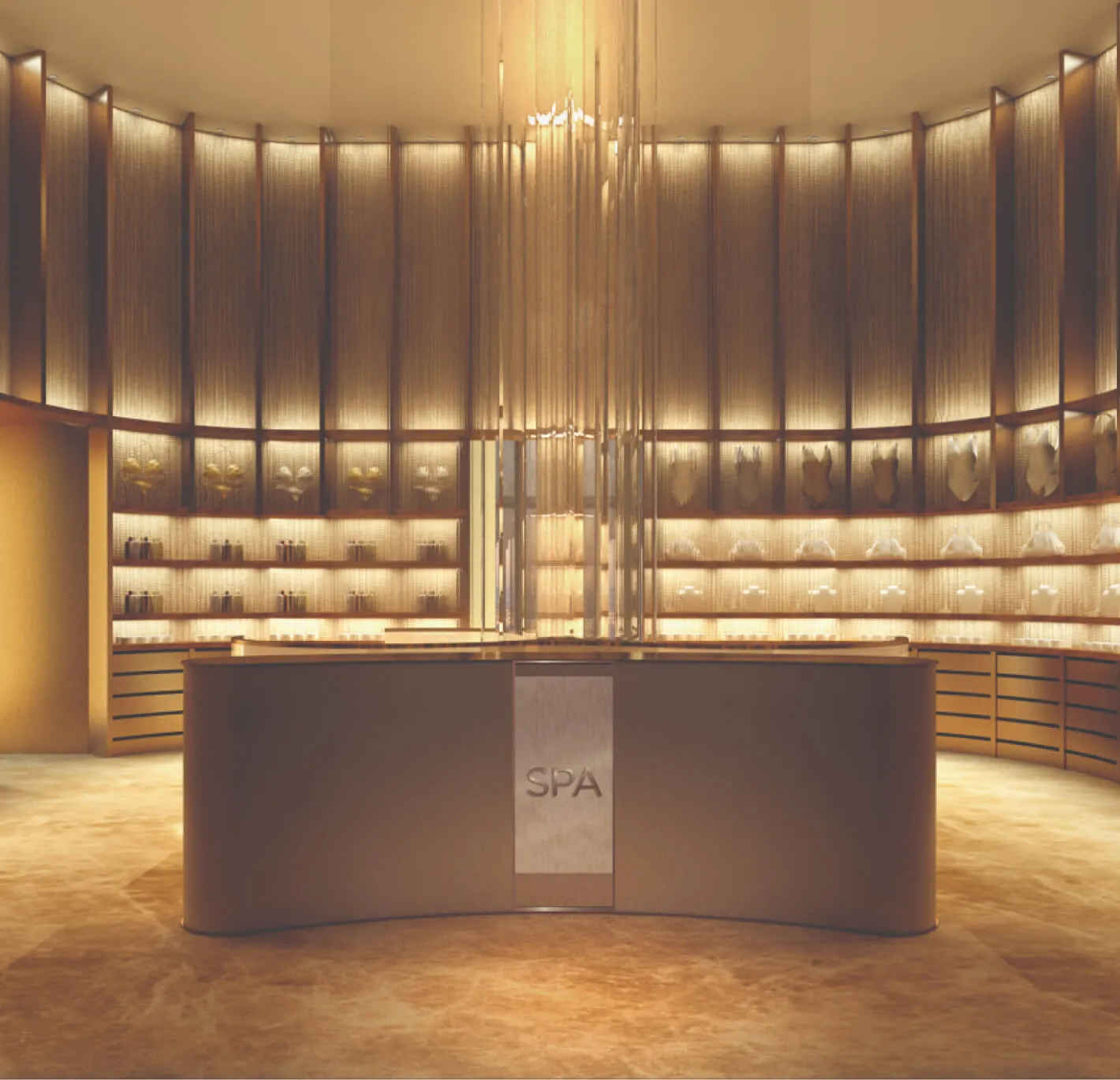 Spa reception desk with curved shelves displaying products and decorative items.