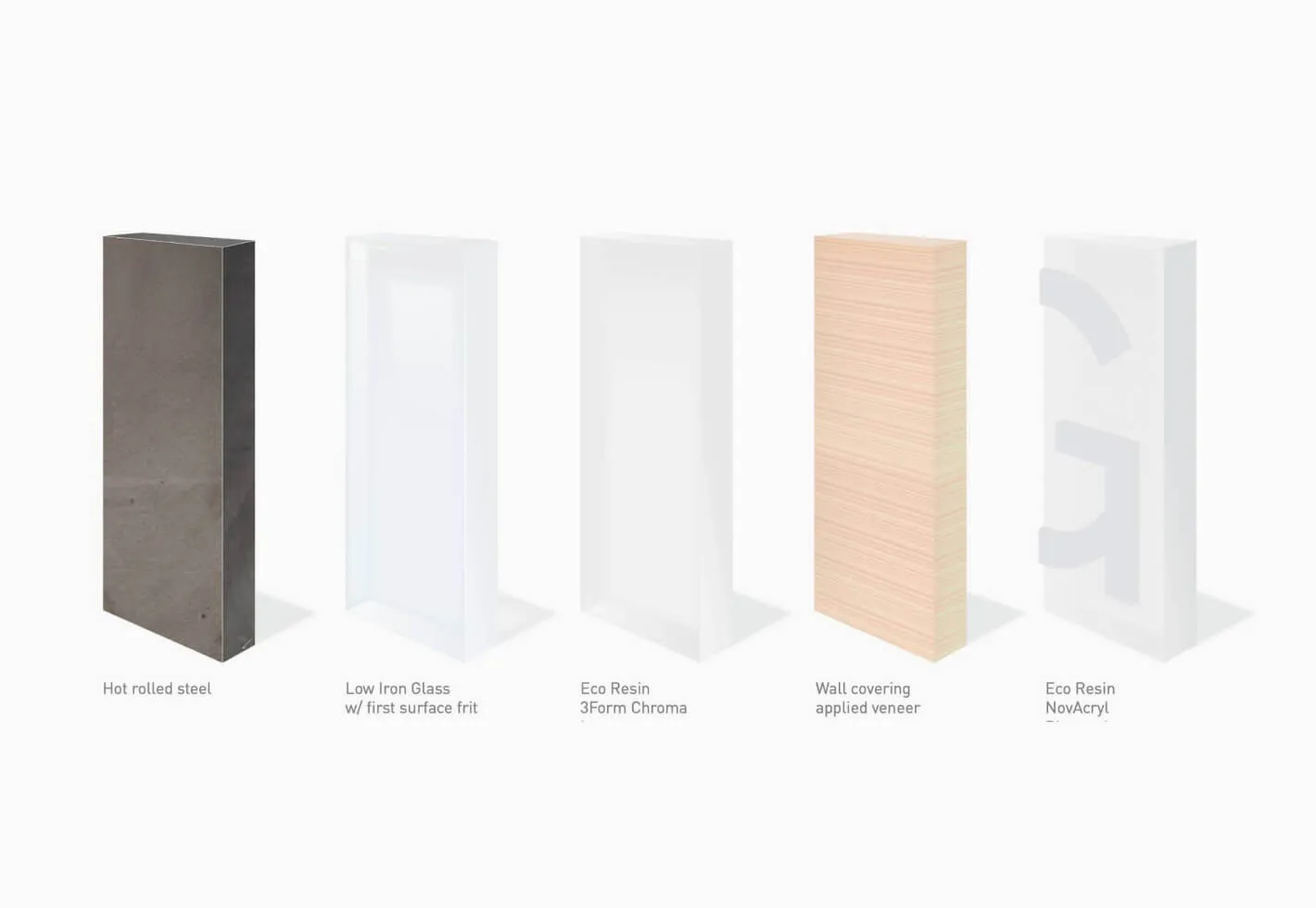 Five material samples: hot rolled steel, low iron glass, eco resin, wood veneer, and eco resin with logo.