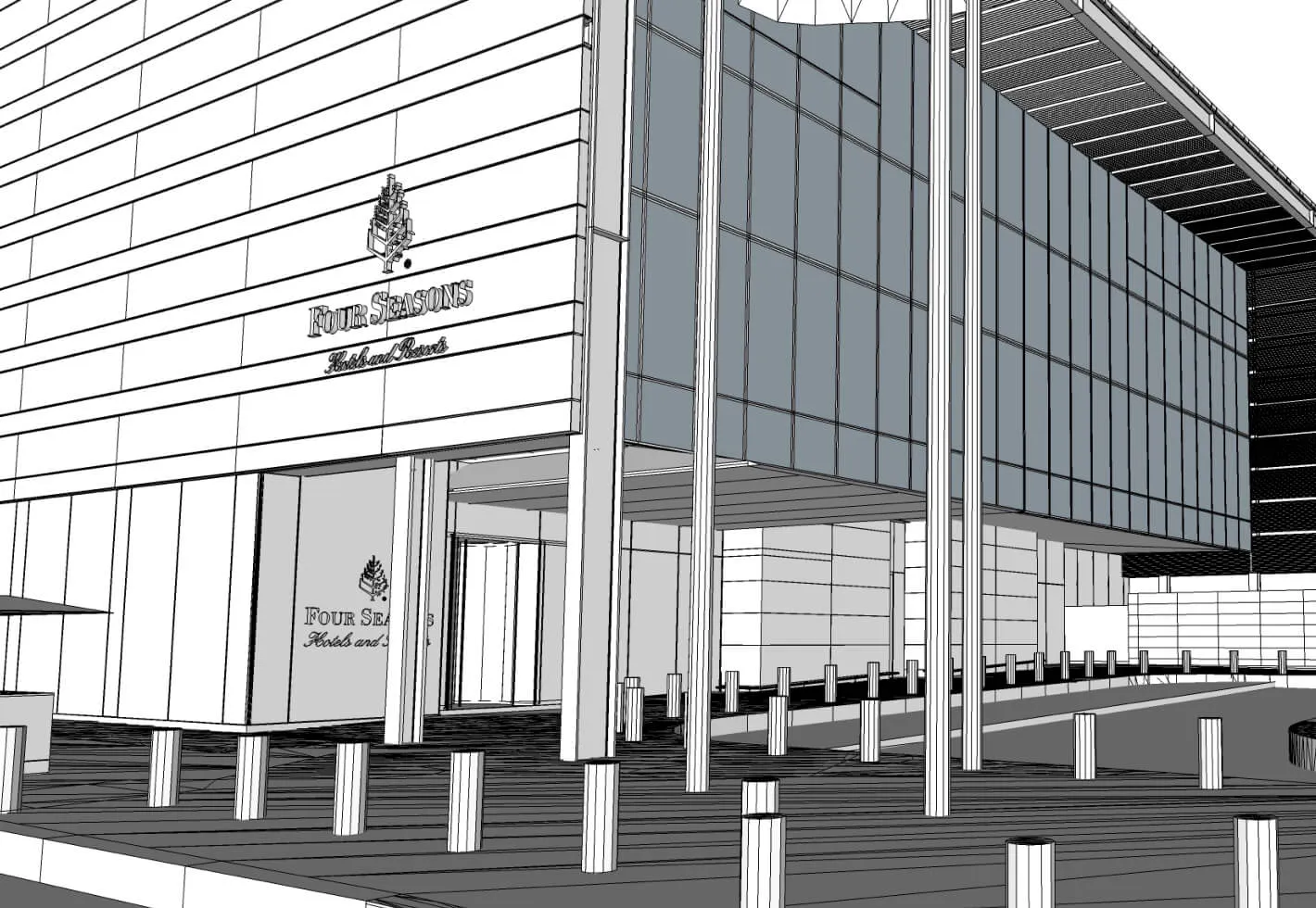 Four Seasons Hotels and Resorts logo on a modern building exterior.
