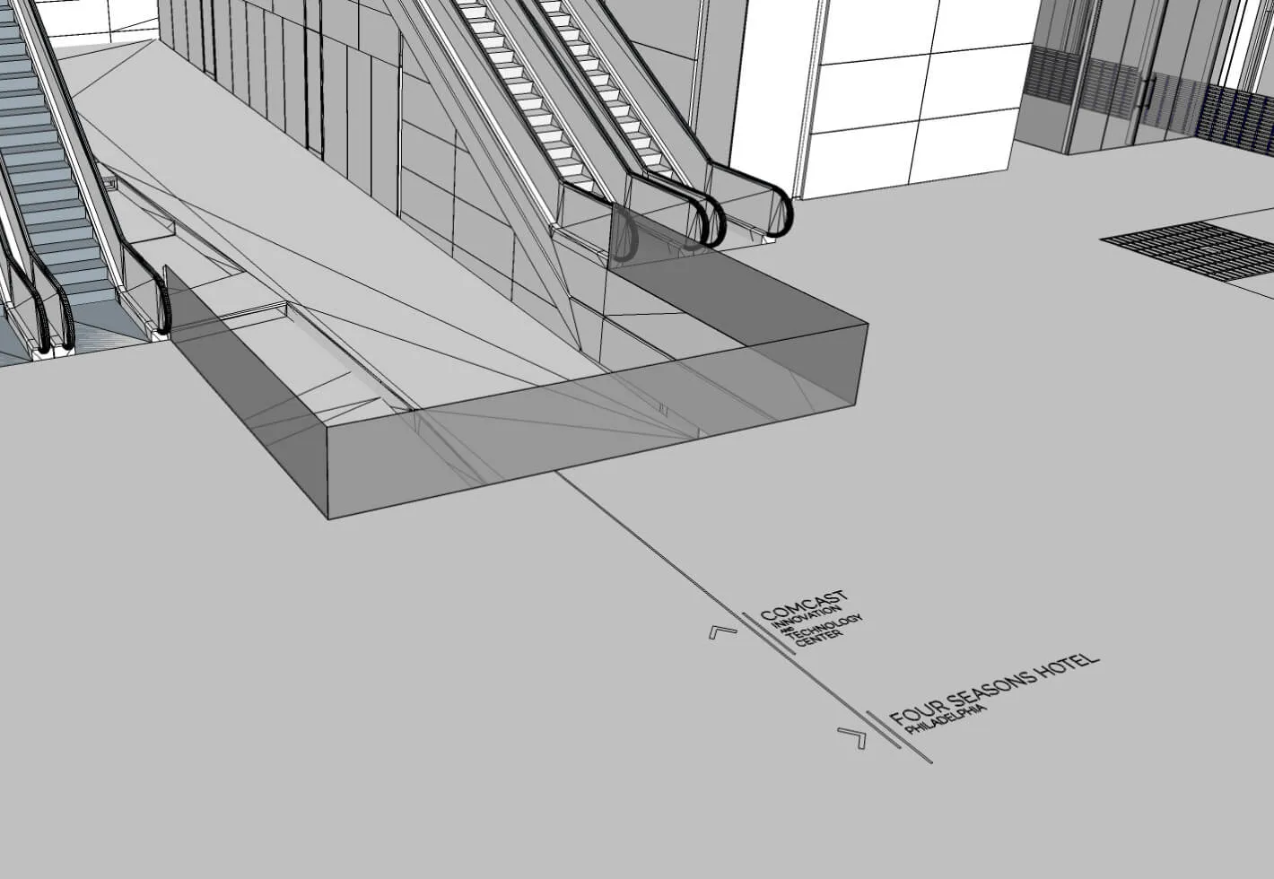 Architectural rendering of escalators and wayfinding signage.