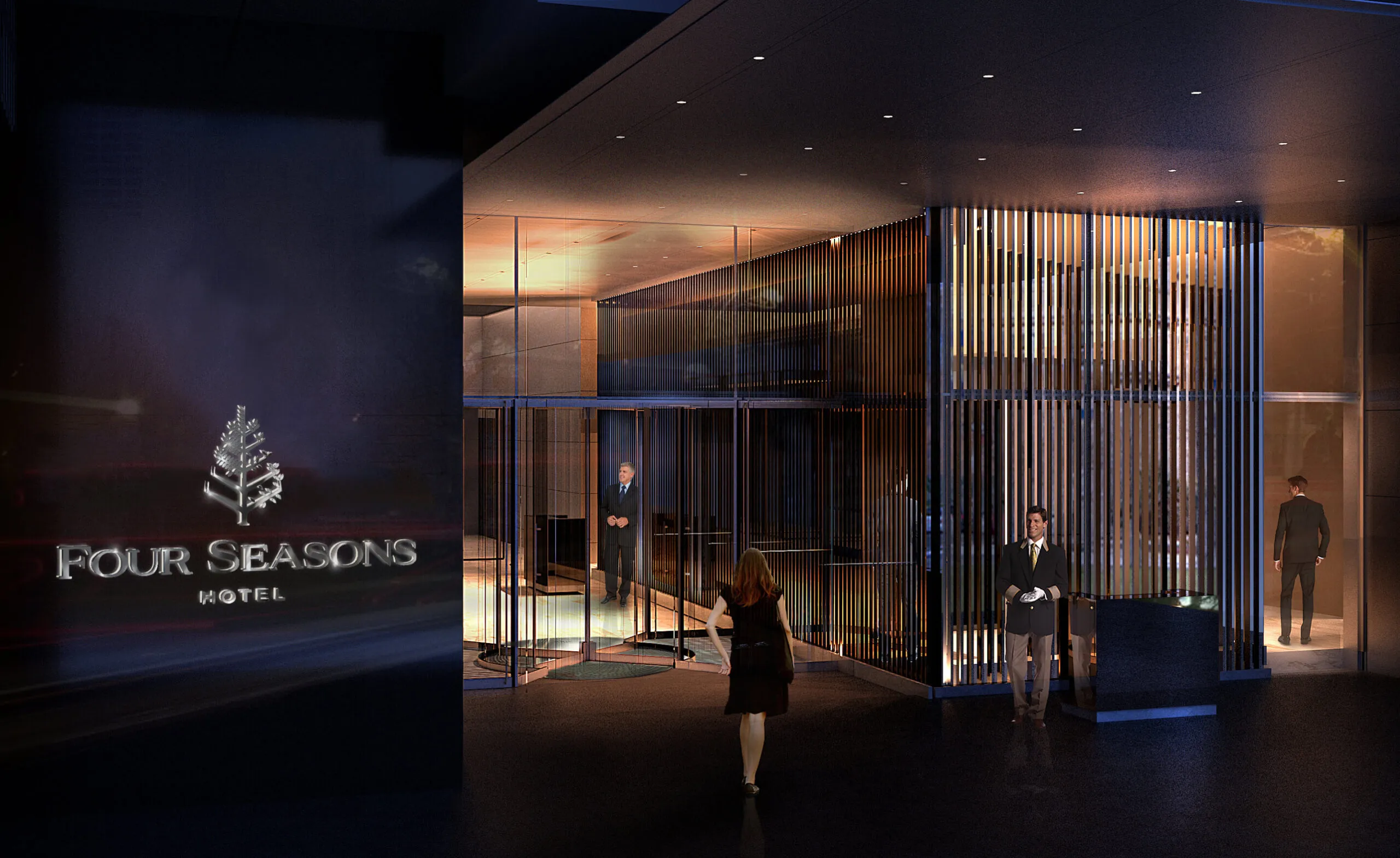 Four Seasons Hotel Philadelphia entrance with staff and guests.