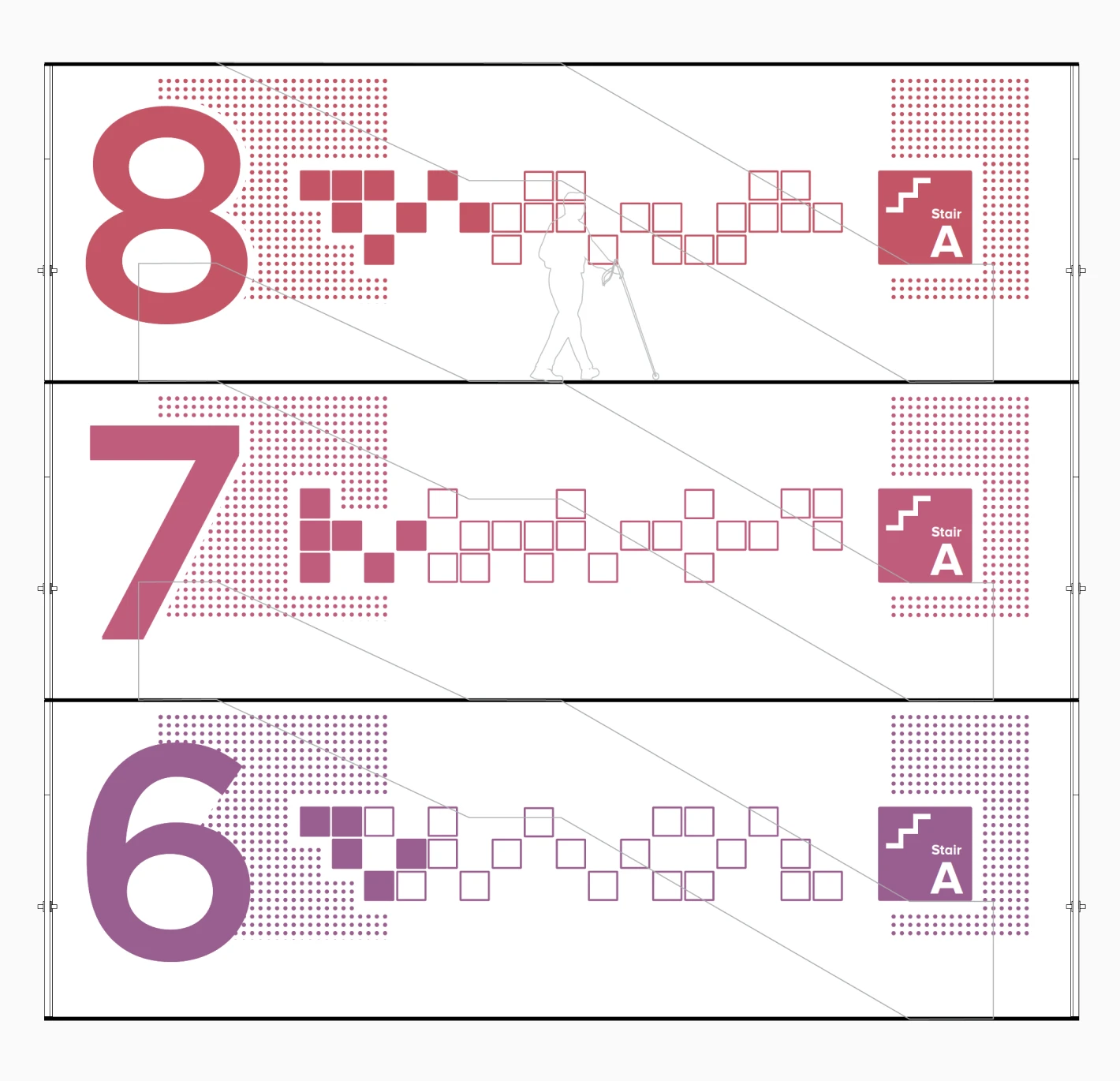 Floor markers for levels 8, 7, and 6 with 