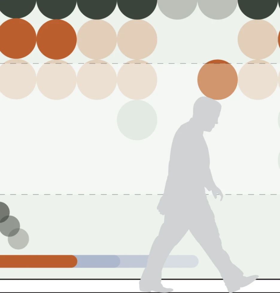 Silhouette of a person walking past a series of coloured circles and bars.