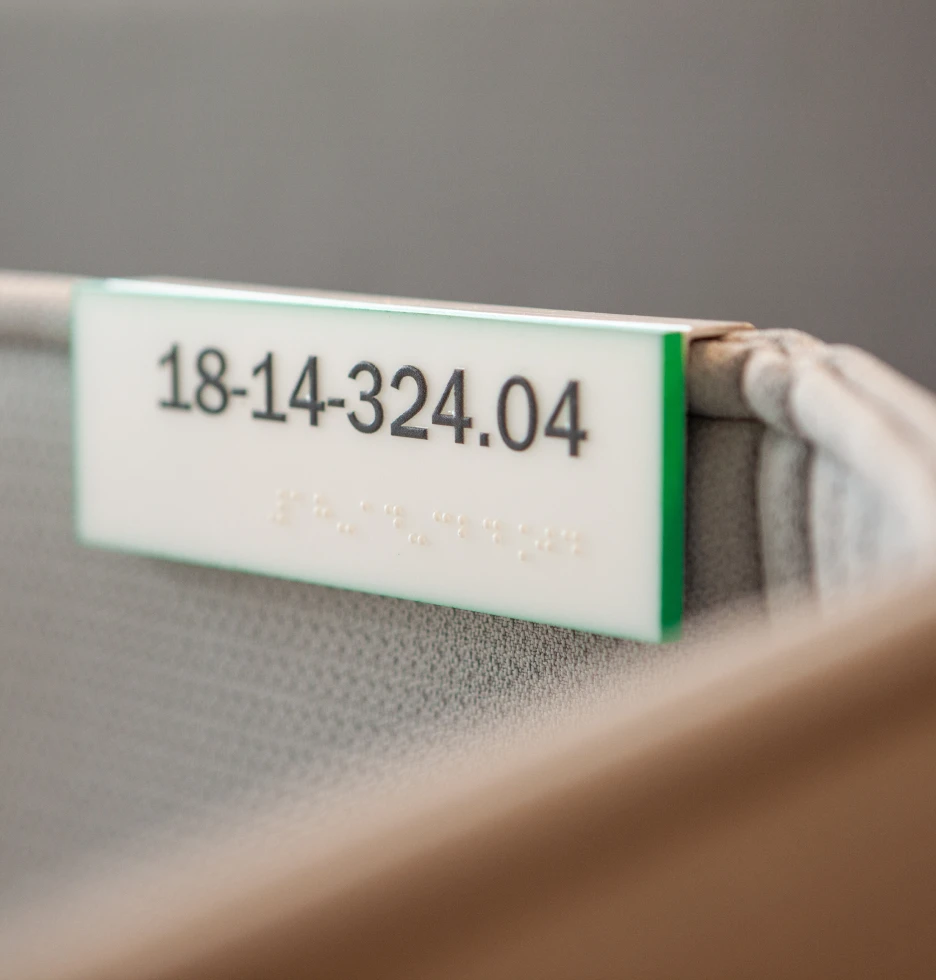 A white label with black text 