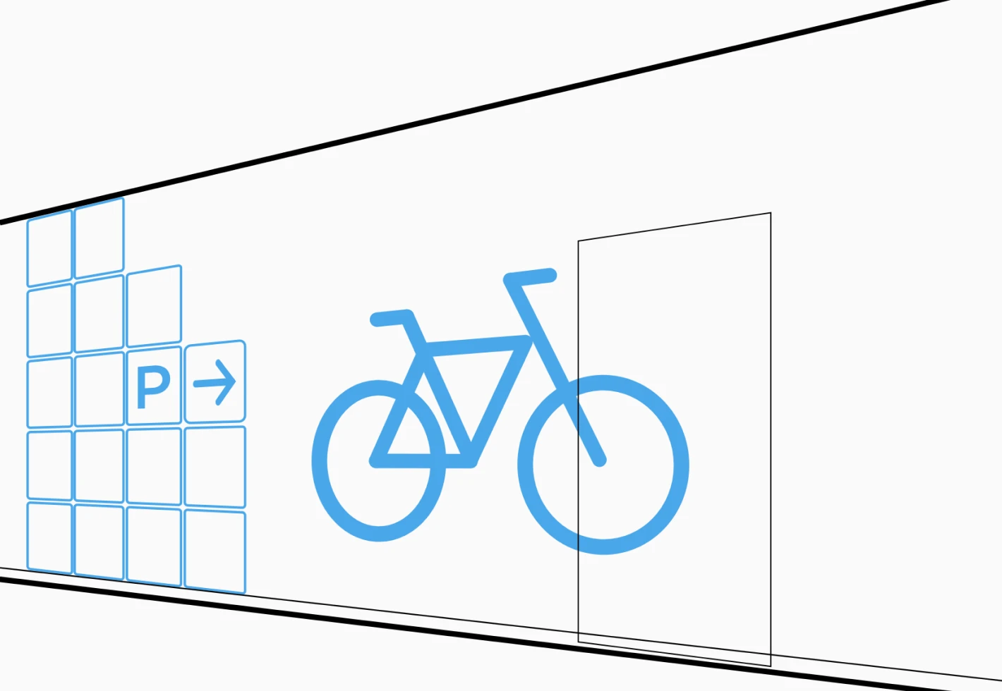 Blue bicycle icon next to a parking sign with an arrow