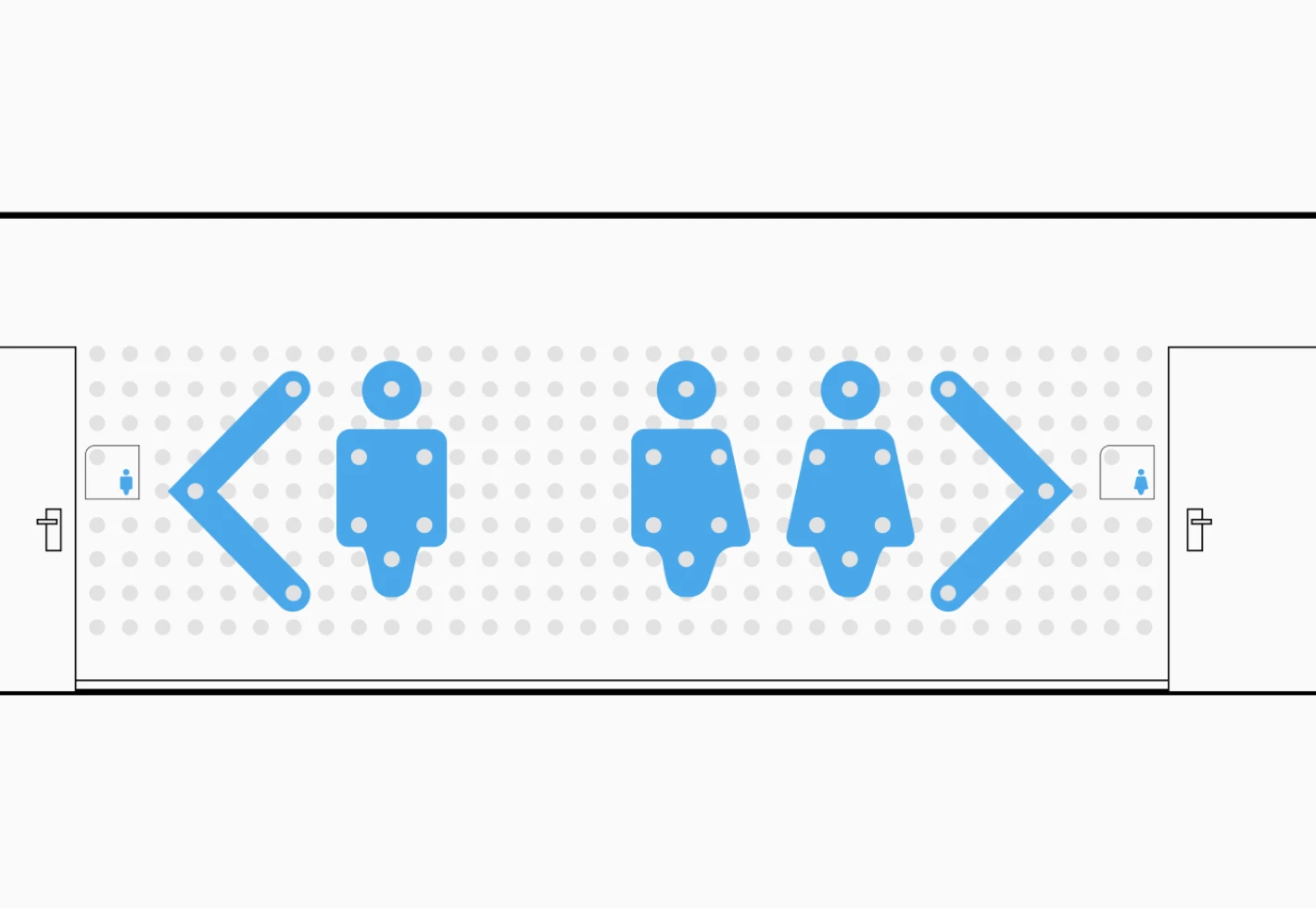 Blue icons of people and arrows on a dotted background, indicating gender-neutral restrooms.
