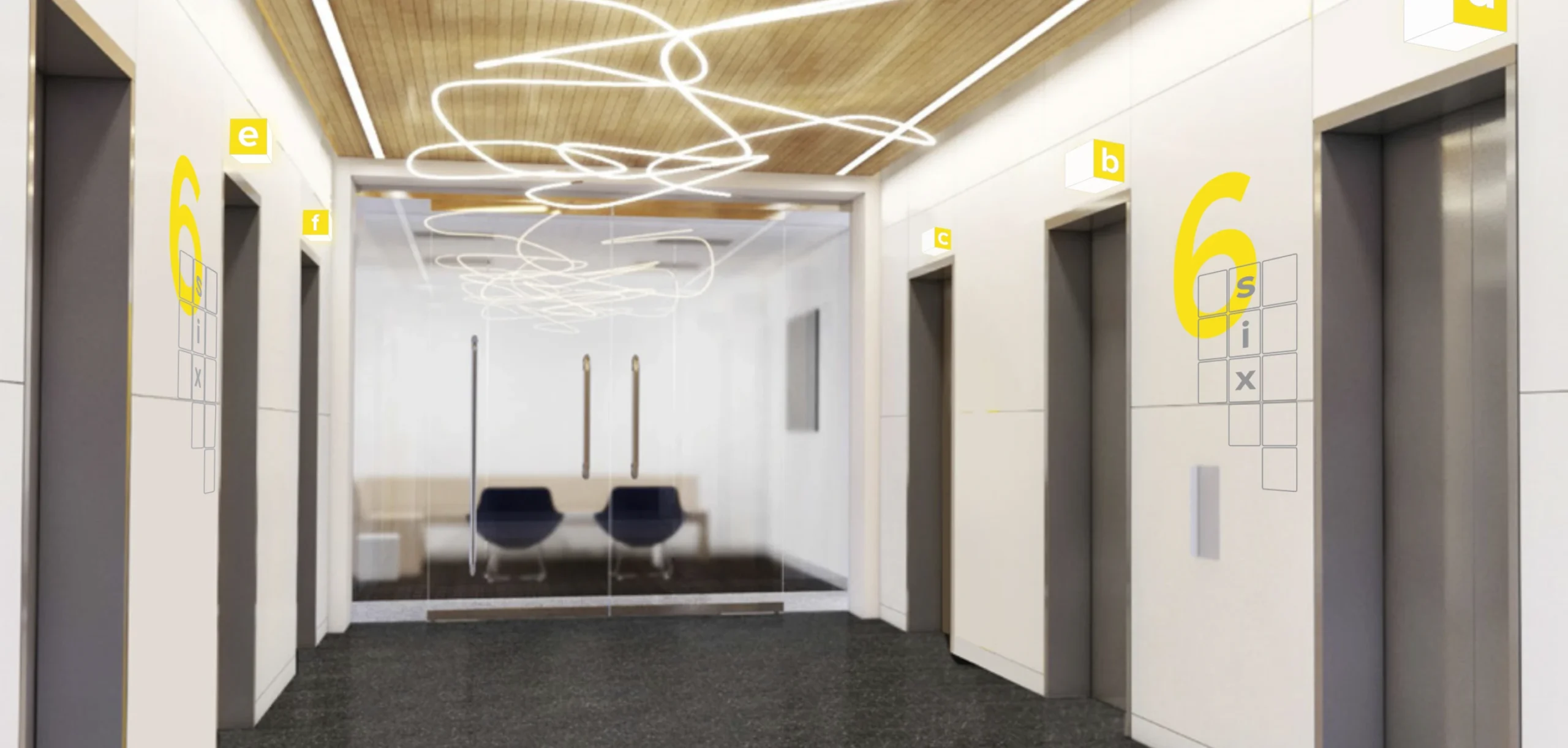 Elevator lobby with yellow number 6 signage and modern lighting.